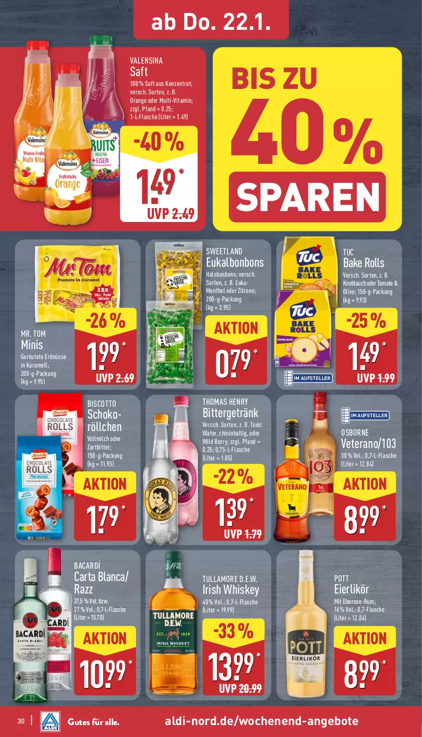 Aktueller Prospekt Aldi Nord - Von Montag - von 19.01 bis 24.01.2026 - strona 30 - produkty: aldi, angebot, angebote, biscotto, bonbons, eier, eierlikör, elle, erdnüsse, flasche, getränk, irish whiskey, karamell, knoblauch, likör, milch, olive, orange, osborne, rum, saft, schoko, Sweetland, teller, thomas henry, Ti, tomate, tonic, tonic water, tuc, tullamore, valensina, veterano, vita, vollmilch, whiskey, Wild, wild berry, zitrone