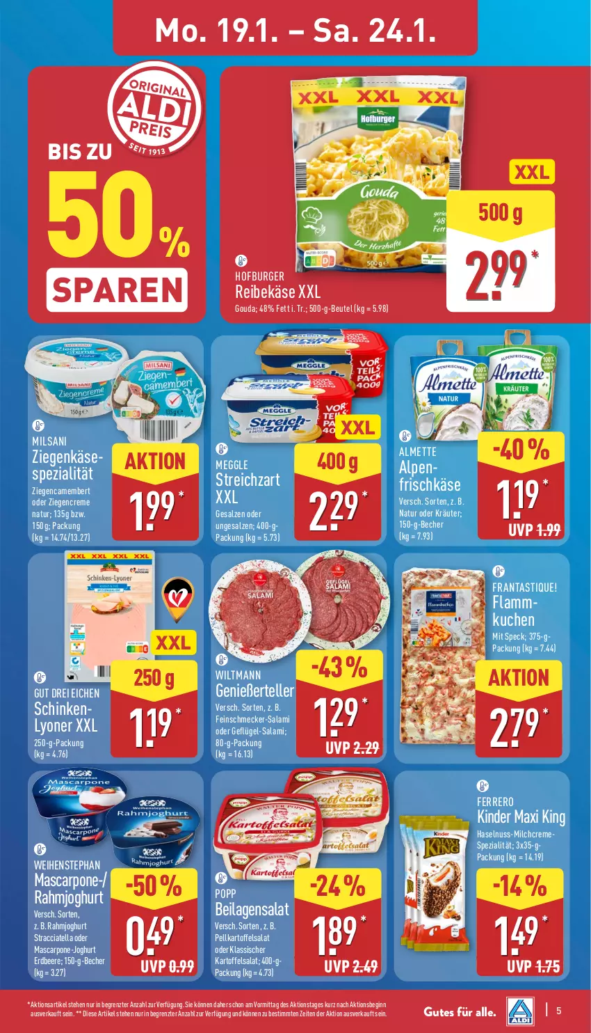 Aktueller Prospekt Aldi Nord - Von Montag - von 19.01 bis 24.01.2026 - strona 5 - produkty: ACC, almette, asti, Becher, beere, beutel, burger, camembert, creme, elle, erdbeere, feinschmecker, ferrero, frischkäse, Geflügel, gin, gouda, haselnuss, ilag, joghur, joghurt, kartoffel, kartoffelsalat, Käse, Kinder, Kinder Maxi, kinder maxi king, kräuter, kuchen, lamm, lyoner, mascarpone, meggle, Mett, milch, natur, nuss, oder kräuter, Popp, rahmjoghurt, Reibekäse, salami, salat, salz, schinken, Speck, Spezi, Streichzart, teller, Ti, weihenstephan, wiltmann, Yo, ziegenkäse, ZTE