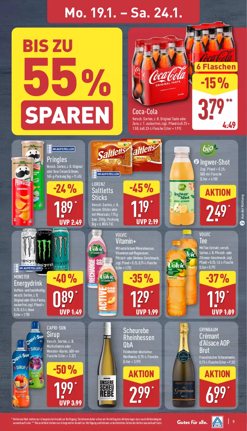 Aktueller Prospekt Aldi Nord - Von Montag - von 19.01 bis 24.01.2026 - strona 9 - produkty: Bau, brut, Cap, capri-sun, coca-cola, cola, drink, elle, flasche, gin, Heu, himbeer, ingwer, lorenz, mac, magnesium, meersalz, monster, pfirsich, pringles, ring, sac, saltletts, salz, sesam, sirup, sour cream, tee, teller, Ti, vita, Vitamine, volvic, wasser, wein, Weißwein, zitrone, zitronen, ZTE, zucker