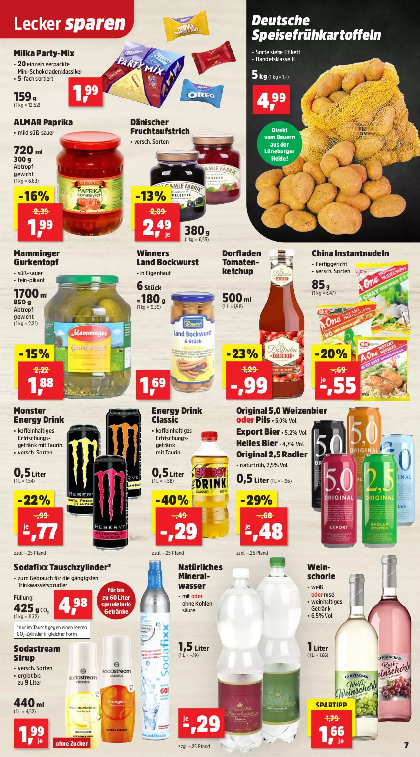 Aktueller Prospekt Thomas Philipps - von 07.07 bis 12.07.2025 - strona 9 - produkty: Alwa, auer, aufstrich, Bau, Bauer, bier, bockwurst, burger, drink, eis, elle, energy drink, erfrischungsgetränk, fertiggericht, frucht, fruchtaufstrich, Frühkartoffeln, getränk, getränke, gin, gurke, gurken, kartoffel, kartoffeln, ketchup, mam, mamminger, milka, mineralwasser, monster, Monster Energy, natur, natürliches mineralwasser, nudel, nudeln, paprika, pils, radler, Rauch, schoko, schokolade, schokoladen, schorle, sirup, Soda, sodastream, spartipp, speisefrühkartoffeln, Sprudel, Ti, tomate, tomaten, tomatenketchup, topf, wasser, wassersprudler, wein, weinschorle, wurst, zucker