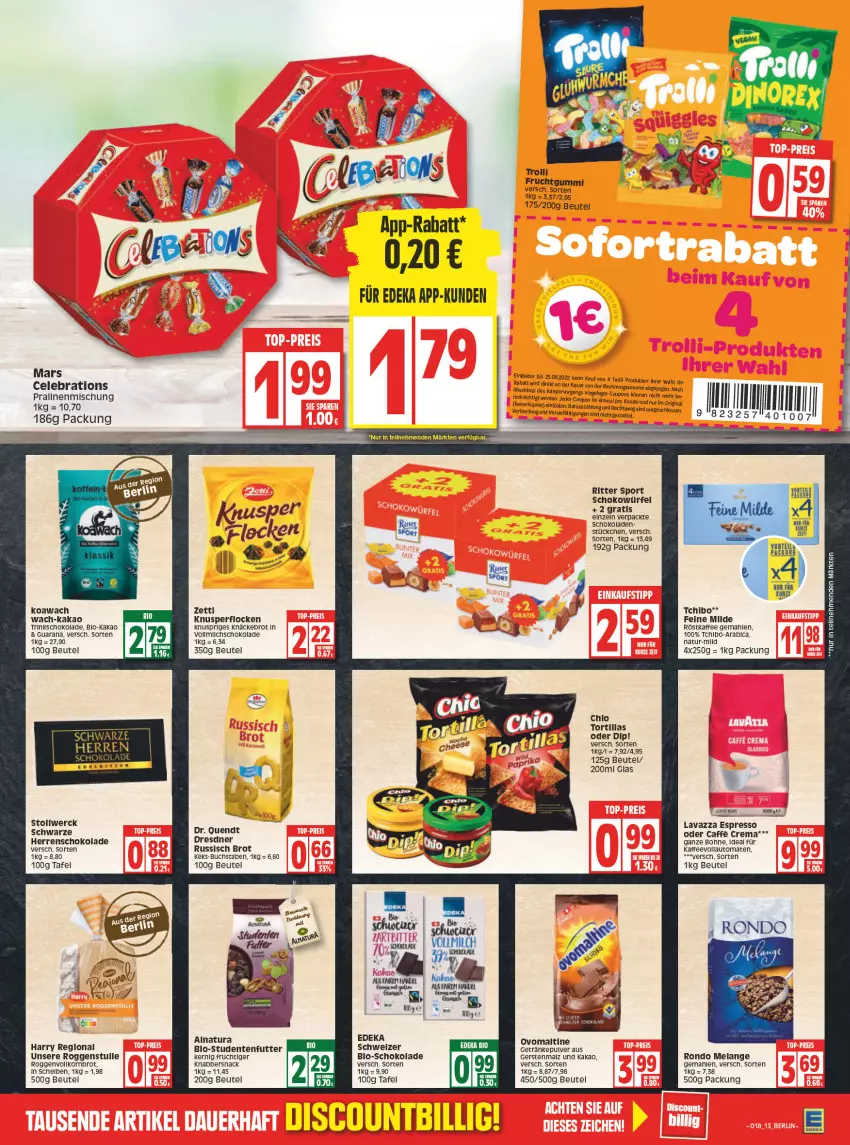 Aktueller Prospekt Edeka - Angebote der Woche - von 02.05 bis 07.05.2022 - strona 13 - produkty: asti, auto, beutel, bio, bohne, Brei, brot, buch, caffe, coupon, coupons, dip, discount, Elan, ente, erde, espresso, frucht, fruchtgummi, getränk, getränke, getränkepulver, gin, kaffee, kaffeevollautomat, kaffeevollautomaten, kakao, keks, KnabberSnack, knäckebrot, Knusperflocken, korn, Kornbrot, lavazza, malz, mars, natur, natura, ovomaltine, Rana, ritter, ritter sport, röstkaffee, russisch brot, schoko, schokolade, schokoladen, schokowürfel, snack, Sport, studentenfutter, Tchibo, Ti, tomate, tomaten, tortilla, tortillas, trolli, trolli fruchtgummi, vollautomaten, würfel