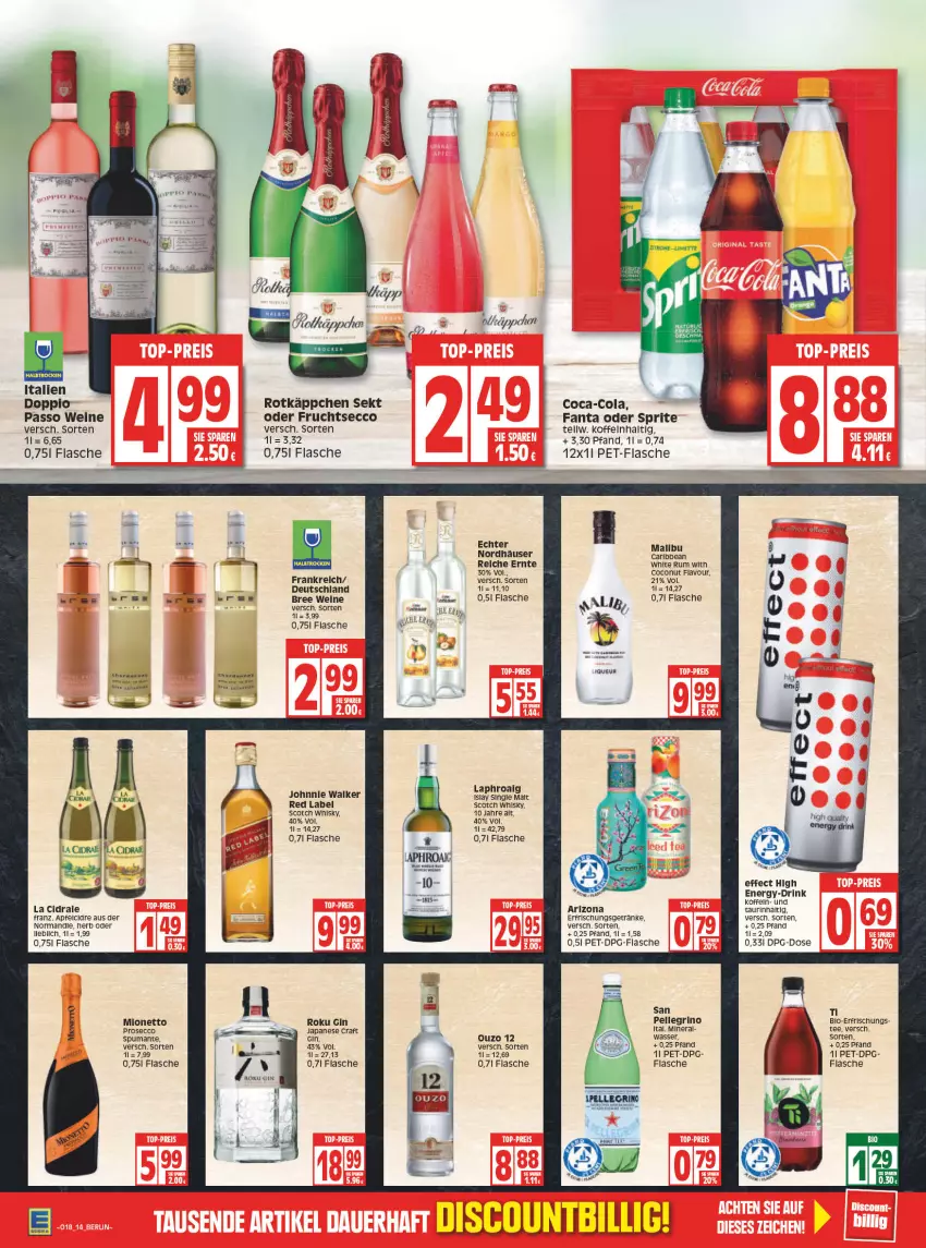 Aktueller Prospekt Edeka - Angebote der Woche - von 02.05 bis 07.05.2022 - strona 14 - produkty: apfel, bree, coca-cola, coconut, cola, drink, ecco, Effect, elle, erfrischungsgetränk, erfrischungsgetränke, fanta, fanta oder, fanta oder sprite, flasche, frucht, fruchtsecco, getränk, getränke, gin, LG, mionetto, oder sprite, ouzo, ouzo 12, passo, pet-flasche, prosecco, puma, rotkäppchen, rum, san pellegrino, scotch, scotch whisky, sekt, sprite, spumante, tee, Ti, wasser, wein, weine, whisky, white rum