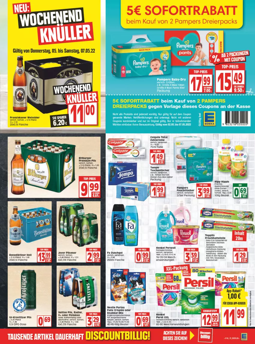 Aktueller Prospekt Edeka - Angebote der Woche - von 02.05 bis 07.05.2022 - strona 15 - produkty: arla, Benediktiner, beutel, bier, bitburger, Brei, burger, colgate, colgate total, creme, deka, duschgel, eier, einkaufstipp, eis, fa duschgel, feinwaschmittel, felix, feuchttücher, flasche, franziskaner, früchte, henkel, hipp, jever, jever pilsener, LG, pampers, persil, perwoll, pils, pilsener, purina, quetschbeutel, radler, reis, rel, sofortrabatt, Tasche, taschen, taschentücher, tee, Tempo, Ti, top-preis, toppits, tücher, universal pulver, veltins, vollwaschmittel, waschmittel, weissbier, zahncreme, zucker