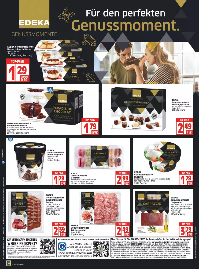 Aktueller Prospekt Edeka - Angebote der Woche - von 02.05 bis 07.05.2022 - strona 16 - produkty: ACC, angebot, angebote, Becher, Burrata, Carpaccio, cola, deka, dessert, eis, elle, ente, Käse, kuchen, LG, Liege, mac, Macarons, mandel, nuss, olive, oliven, olivenöl, parmigiano, parmigiano reggiano, pasta, pralinen, reggiano, reis, rel, rind, rinder, sahne, salami, Schal, Schale, schnitten, schoko, schokolade, schokoladen, schwein, Spezi, telefon, Ti, top-preis, Trüffel, uhr, wein