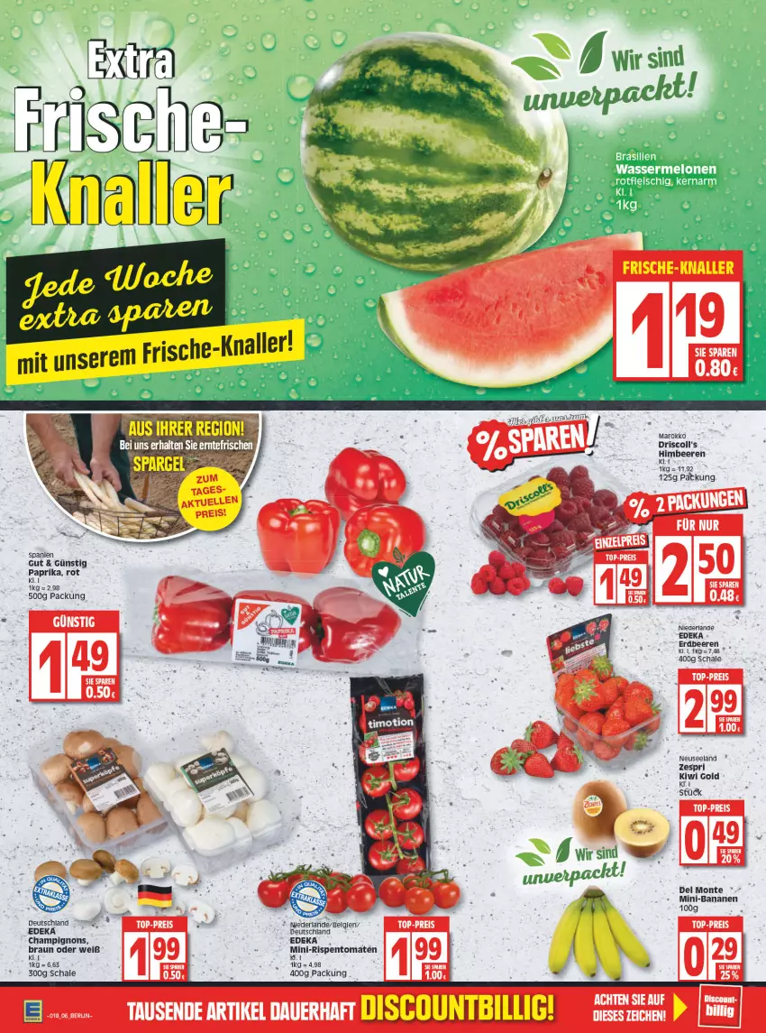 Aktueller Prospekt Edeka - Angebote der Woche - von 02.05 bis 07.05.2022 - strona 6 - produkty: banane, bananen, beere, beeren, braun, champignon, champignons, deka, driscoll's, eis, Elan, erdbeere, erdbeeren, fleisch, himbeer, himbeere, himbeeren, kiwi, Kiwi Gold, LG, melone, melonen, mini-rispentomaten, monte, paprika, rispentomaten, Schal, Schale, Ti, tomate, tomaten, wasser, wassermelone, wassermelonen, zespri