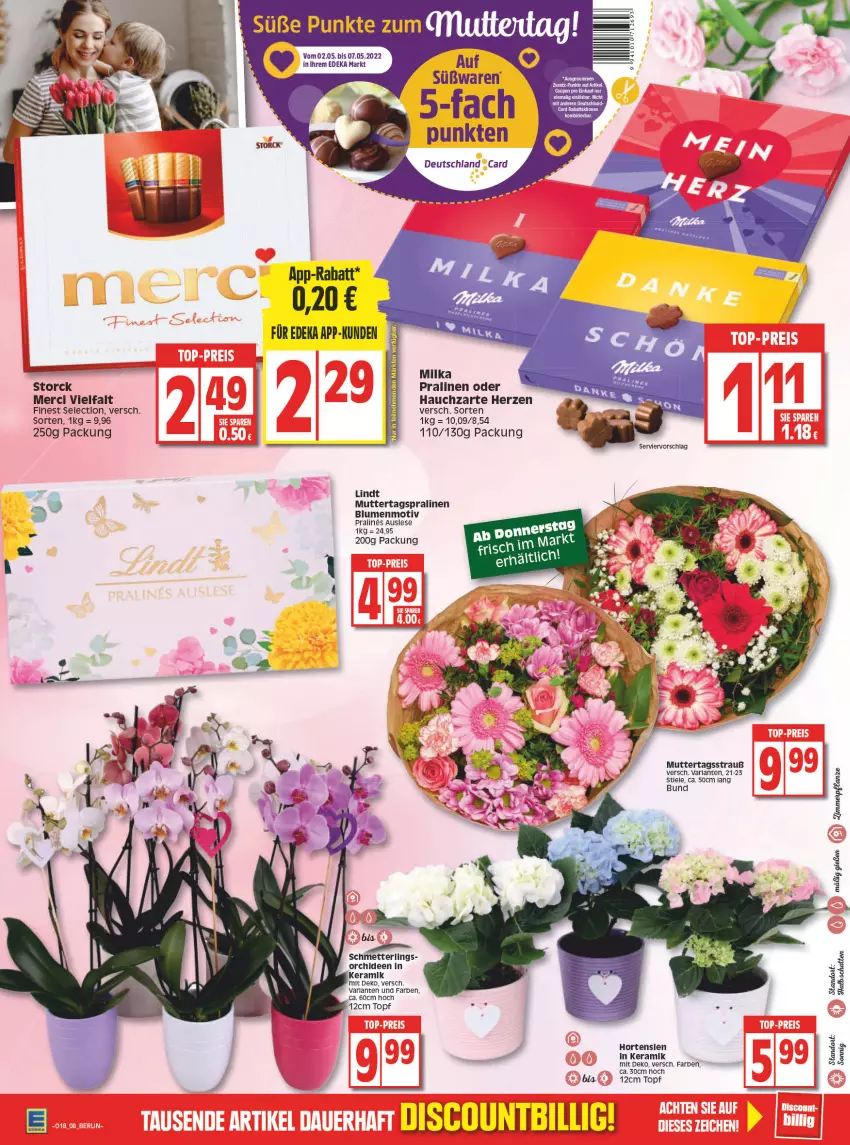 Aktueller Prospekt Edeka - Angebote der Woche - von 02.05 bis 07.05.2022 - strona 8 - produkty: arla, blume, blumen, deka, hortensie, hortensien, lindt, merci, Mett, milka, orchidee, orchideen, pflanze, pralinen, Ria, Schmetterling, storck, tee, Ti, topf