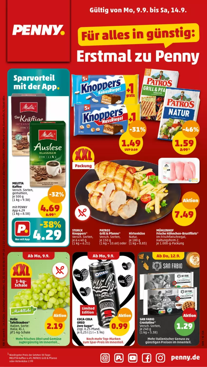 Aktueller Prospekt Penny - Prospekte - von 09.09 bis 14.09.2024 - strona 1 - produkty: bio, coca-cola, cola, eis, elle, ente, kaffee, melitta, nuss, obst, Obst und Gemüse, oreo, reis, Schal, Schale, tafeltrauben, tee, Ti, trauben, und gemüse