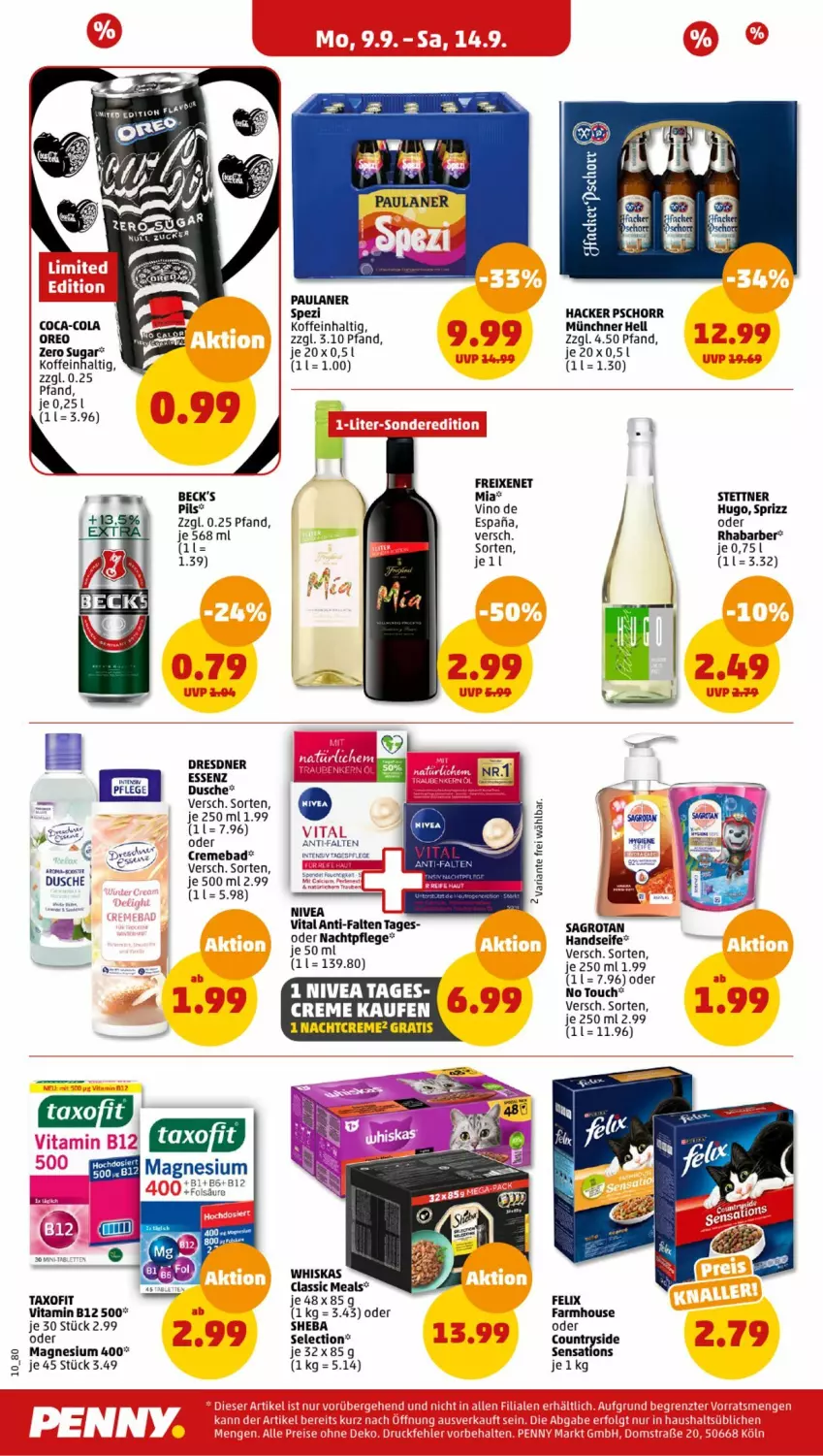 Aktueller Prospekt Penny - Prospekte - von 09.09 bis 14.09.2024 - strona 10 - produkty: Bad, coca-cola, cola, creme, dusche, felix, freixenet, hacker pschorr, Handseife, hugo, magnesium, magnesium 400, nachtcreme, nachtpflege, nivea, oreo, Paula, paulaner, pils, rhabarber, Ria, sagrotan, Seife, sensations, sheba, Spezi, Sprizz, Tagespflege, Taxofit, Ti, vita, Vitamin B, whiskas