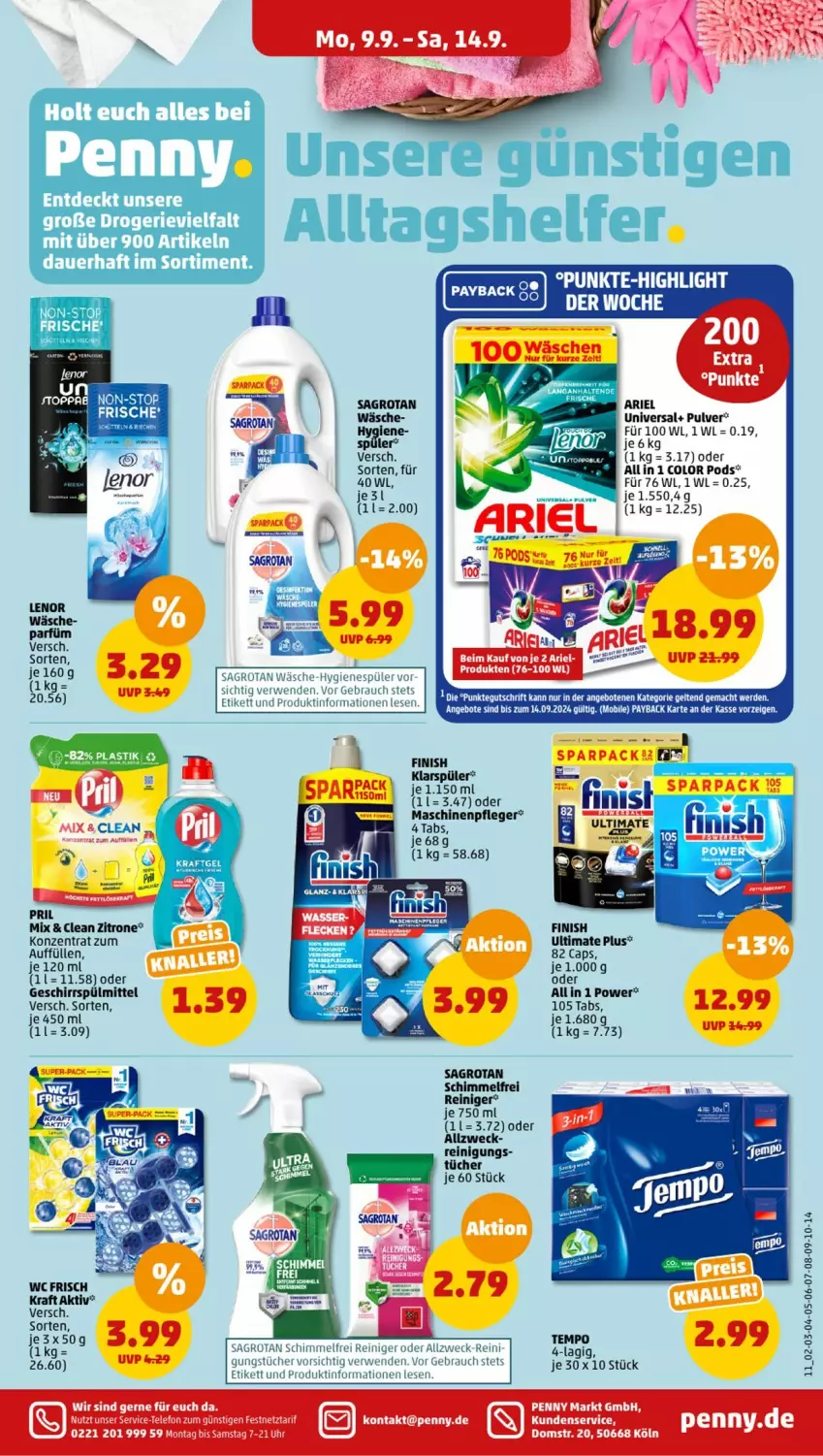 Aktueller Prospekt Penny - Prospekte - von 09.09 bis 14.09.2024 - strona 11 - produkty: angebot, angebote, ariel, auer, Cap, Finish, geschirr, geschirrspülmittel, hygienespüler, klarspüler, kraft, Maschinenpfleger, payback, Pods, pril, Rauch, reiniger, Reinigung, rwe, sagrotan, spülmittel, Tempo, Ti, tücher, wc frisch, WC Frisch Kraft Aktiv, weck, zitrone