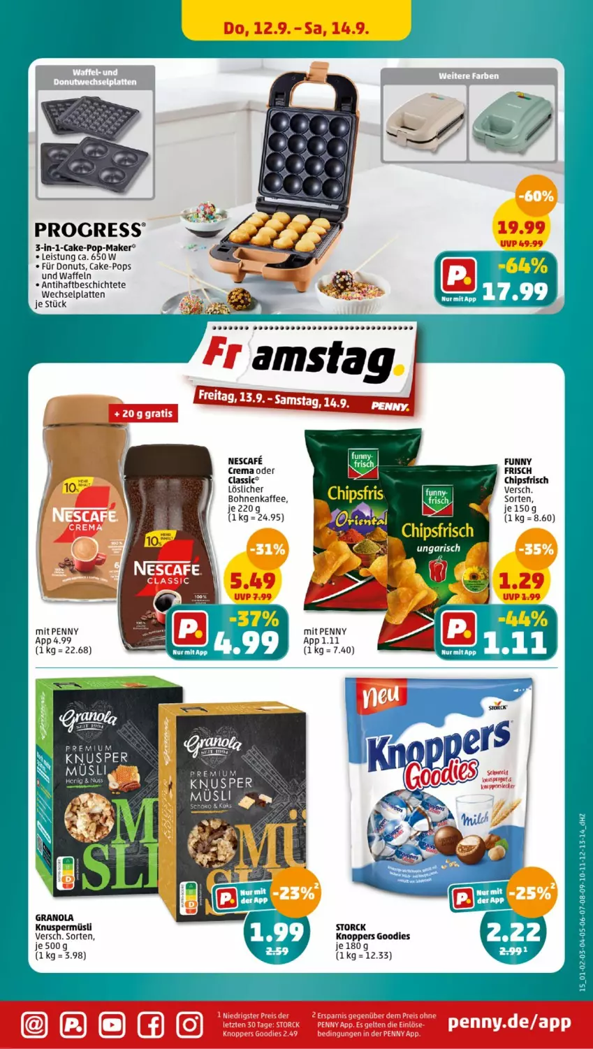 Aktueller Prospekt Penny - Prospekte - von 09.09 bis 14.09.2024 - strona 15 - produkty: bohne, bohnen, bohnenkaffee, chips, chipsfrisch, Donut, donuts, eis, kaffee, knoppers, Knuspermüsli, latte, müsli, nescafe, Ti, waffeln