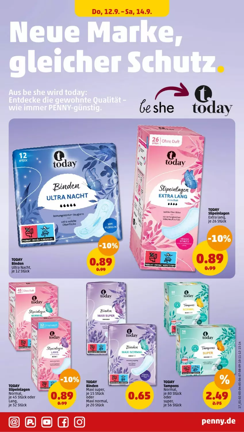 Aktueller Prospekt Penny - Prospekte - von 09.09 bis 14.09.2024 - strona 17 - produkty: binden, slip, slipeinlagen, Tampon, tampons, Ti