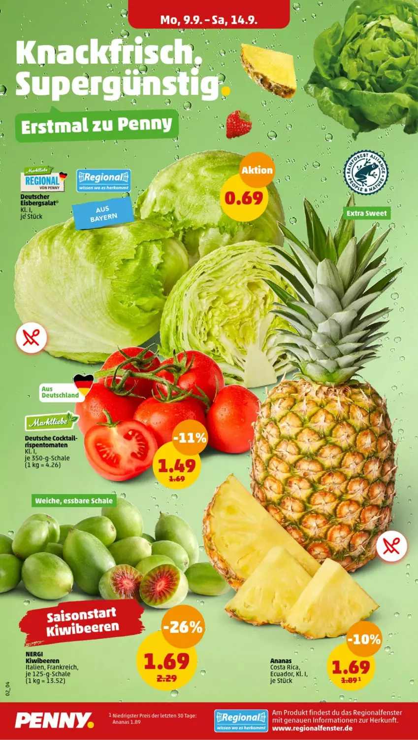 Aktueller Prospekt Penny - Prospekte - von 09.09 bis 14.09.2024 - strona 2 - produkty: ananas, beere, beeren, cocktail, eis, eisbergsalat, fenster, kiwi, reis, rispentomaten, salat, Schal, Schale, Ti, tomate, tomaten, ZTE