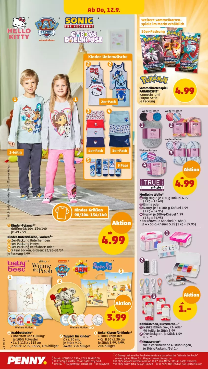 Aktueller Prospekt Penny - Prospekte - von 09.09 bis 14.09.2024 - strona 22 - produkty: decke, disney, Hasbro, hemd, hemden, Kartenspiel, Kinder, kissen, Krabbeldecke, panty, Pyjama, retroshorts, shorts, socken, teppich, Ti, Unterhemd, unterhemden, Unterwäsche, wolle