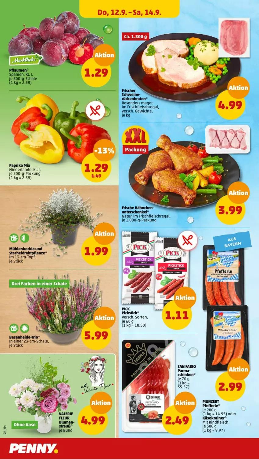 Aktueller Prospekt Penny - Prospekte - von 09.09 bis 14.09.2024 - strona 24 - produkty: bio, blume, blumen, braten, Draht, eis, fleisch, Frische Hähnchen, henkel, Käse, Käsekrainer, natur, paprika, paprika mix, pfeffer, pflanze, pflaume, pflaumen, regal, rind, rindfleisch, Rückenbraten, Schal, Schale, schenkel, schinken, schwein, schweine, Ti, topf, wein, weine