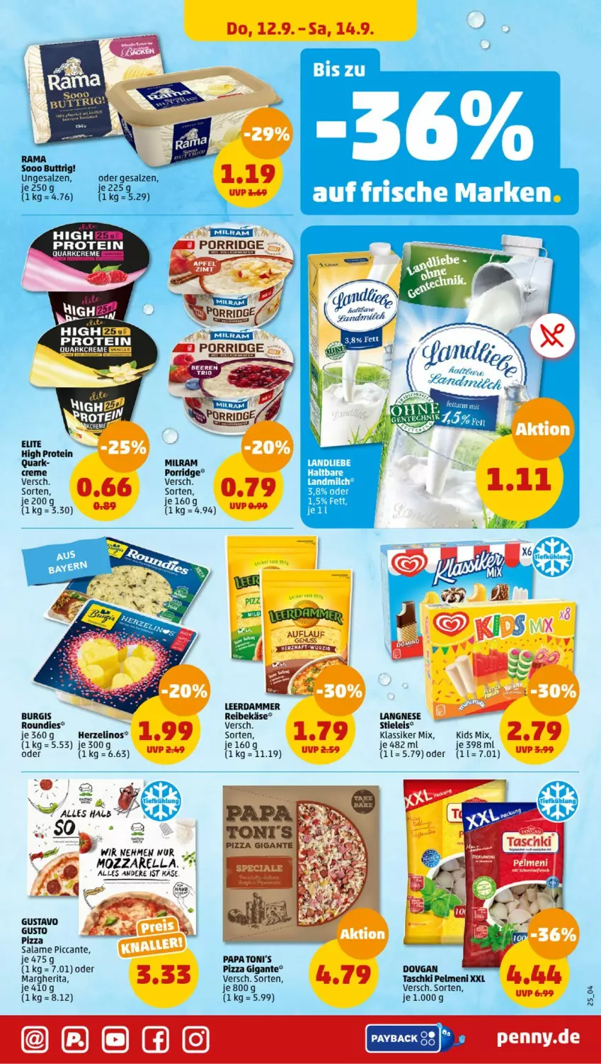 Aktueller Prospekt Penny - Prospekte - von 09.09 bis 14.09.2024 - strona 25 - produkty: beere, beeren, creme, eis, landliebe, landmilch, leerdammer, margherita, milch, milram, mozzarella, nuss, pelmeni, pizza, pizza salame, porridge, quark, rel, stieleis, taschki, Ti