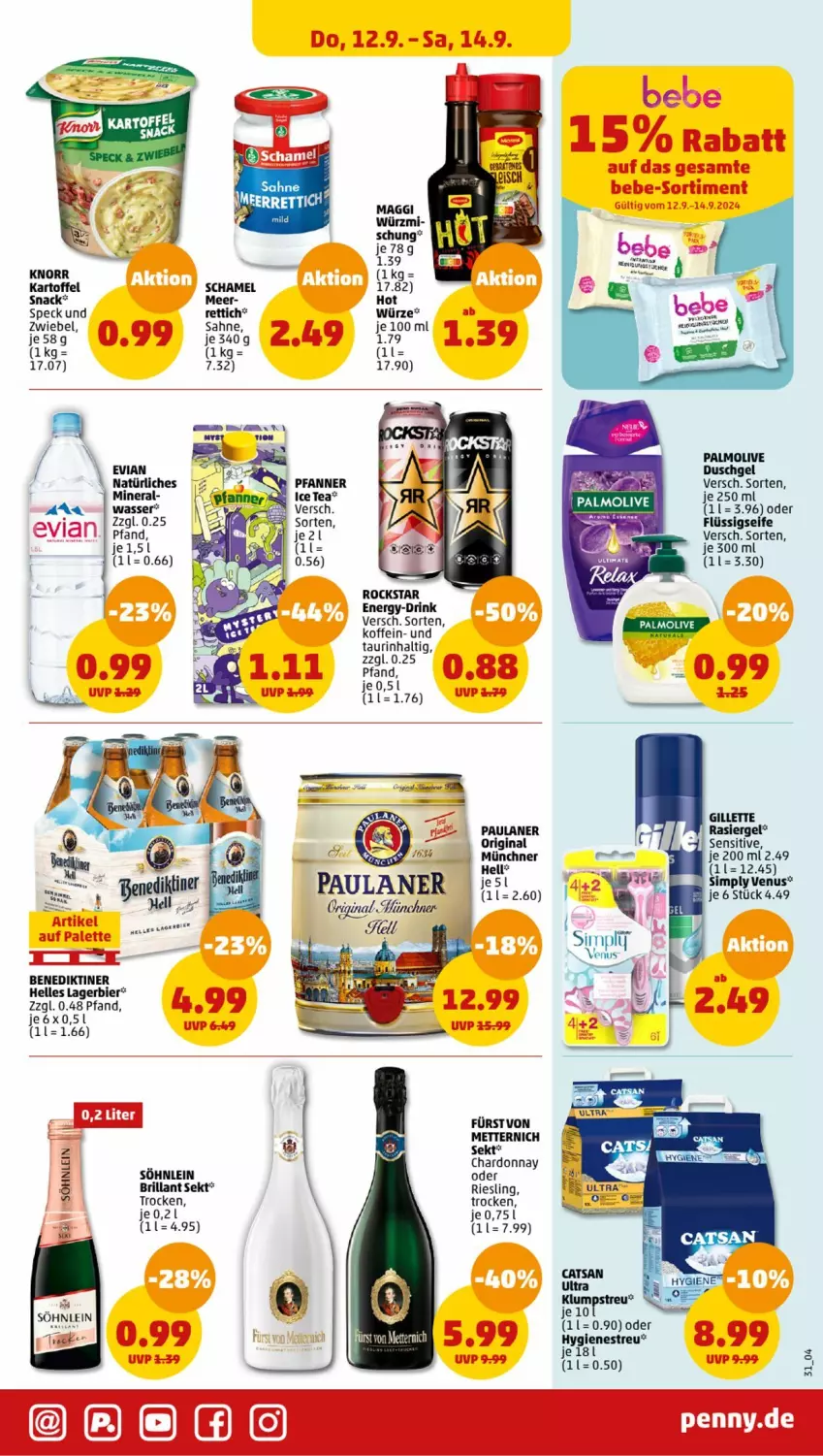 Aktueller Prospekt Penny - Prospekte - von 09.09 bis 14.09.2024 - strona 31 - produkty: Benediktiner, bier, brillant sekt, chardonnay, drink, duschgel, elle, flüssigseife, gillette, gin, ice tea, kartoffel, knorr, Lagerbier, Mett, metternich, olive, palmolive, Paula, paulaner, pfanne, Pfanner, rasiergel, Rettich, riesling, Rockstar, sahne, schamel, Seife, sekt, sim, snack, söhnlein, Speck, Ti, venus, wasser, zwiebel