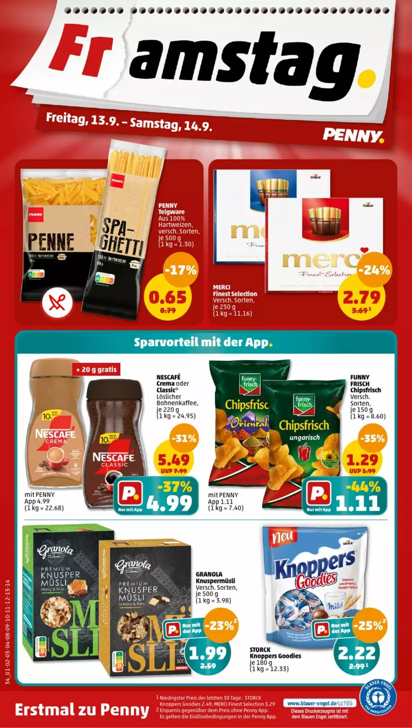 Aktueller Prospekt Penny - Prospekte - von 09.09 bis 14.09.2024 - strona 34 - produkty: auer, bohne, bohnen, bohnenkaffee, chips, chipsfrisch, Engel, kaffee, knoppers, Knuspermüsli, müsli, nescafe, penne, storck