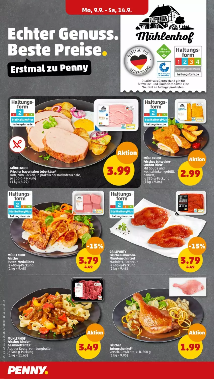 Aktueller Prospekt Penny - Prospekte - von 09.09 bis 14.09.2024 - strona 4 - produkty: backofen, barbecue, eis, ente, Entenschenkel, fleisch, Frische Hähnchen, Geflügel, geschnetzeltes, gouda, henkel, jungbullen, Käse, leberkäs, leberkäse, medaillons, Ofen, pute, rind, rinder, rindfleisch, Schal, Schale, schenkel, schwein, schweine, Ti, tisch, wein, weine, Zelt