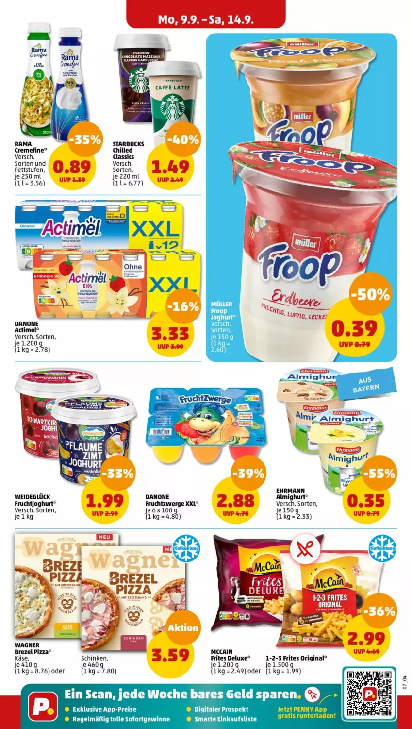 Aktueller Prospekt Penny - Prospekte - von 09.09 bis 14.09.2024 - strona 7 - produkty: actimel, almighur, almighurt, brezel, danone, ehrmann, eis, frucht, fruchtjoghurt, fruchtzwerge, gin, joghur, joghurt, Käse, mccain, pizza, reis, schinken, starbucks, Ti, wagner