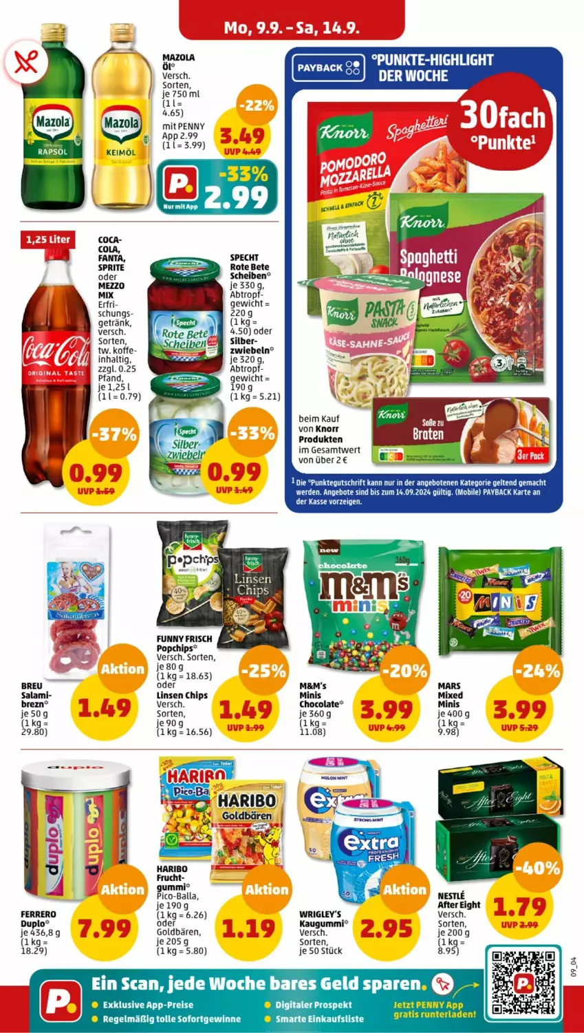 Aktueller Prospekt Penny - Prospekte - von 09.09 bis 14.09.2024 - strona 9 - produkty: after eight, angebot, angebote, ball, chips, cola, duplo, eis, erde, fanta, ferrero, frucht, getränk, goldbären, haribo, kaugummi, keimöl, knorr, linsen, mac, mars, payback, reis, rote bete, salami, specht, sprite, Ti, zwiebel, zwiebeln