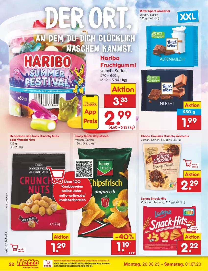 Aktueller Prospekt Netto Marken-Discount - Filial-Angebote - von 26.06 bis 01.07.2023 - strona 22 - produkty: bestpreis, chips, chipsfrisch, choco crossies, crossies, eis, enders, frucht, fruchtgummi, funny-frisch, haribo, lorenz, ndk, reis, ritter, ritter sport, snack, Sport, Ti, wasa