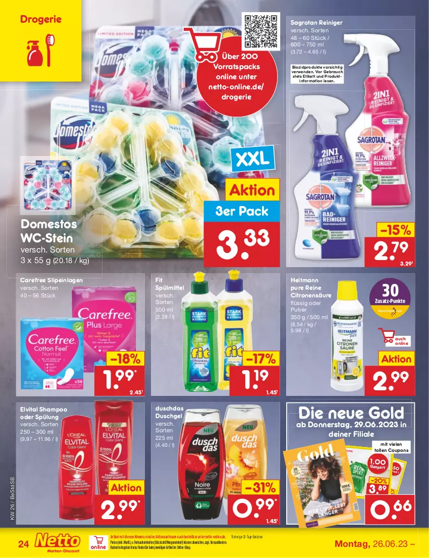 Aktueller Prospekt Netto Marken-Discount - Filial-Angebote - von 26.06 bis 01.07.2023 - strona 24 - produkty: bestpreis, bio, biozidprodukte, Blüte, carefree, coupon, coupons, domestos, duschdas, duschgel, eis, elvital, heitmann, Hela, magazin, ndk, Rauch, reiniger, reis, rwe, sagrotan, shampoo, shampoo oder spülung, slip, slipeinlagen, spülmittel, spülung, Ti, vita