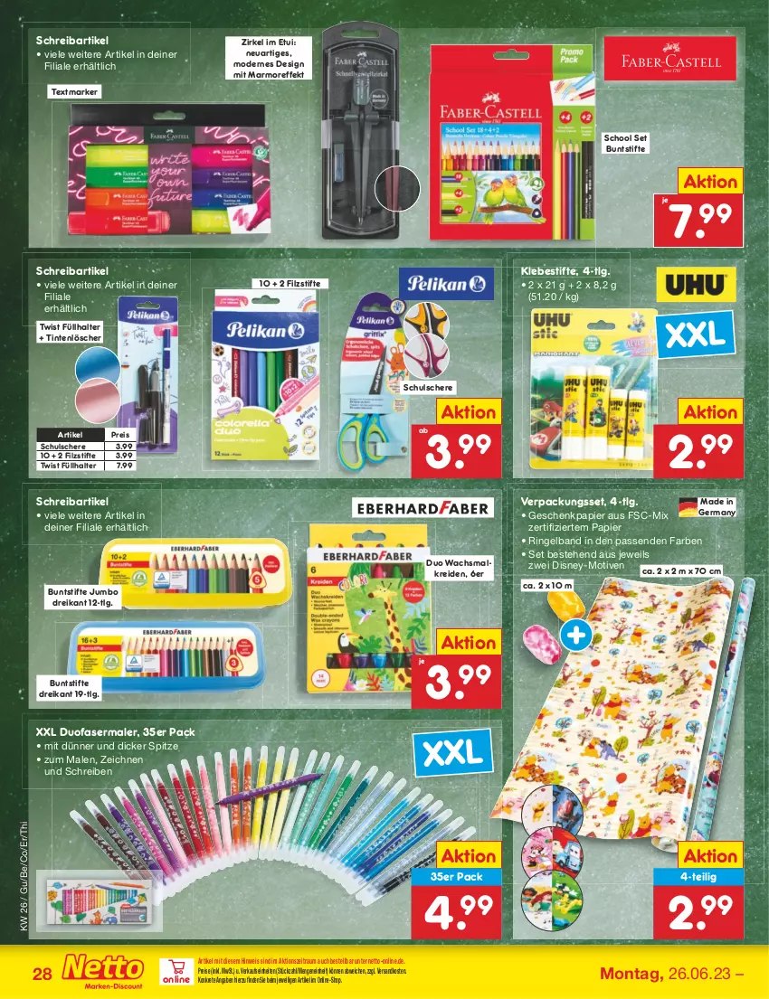 Aktueller Prospekt Netto Marken-Discount - Filial-Angebote - von 26.06 bis 01.07.2023 - strona 28 - produkty: buntstifte, disney, eis, fasermaler, Füllhalter, Germ, Geschenkpapier, jumbo, Kreide, LG, Mode, ndk, papier, reis, ring, Schere, stifte, textmarker, Ti, Tintenlöscher