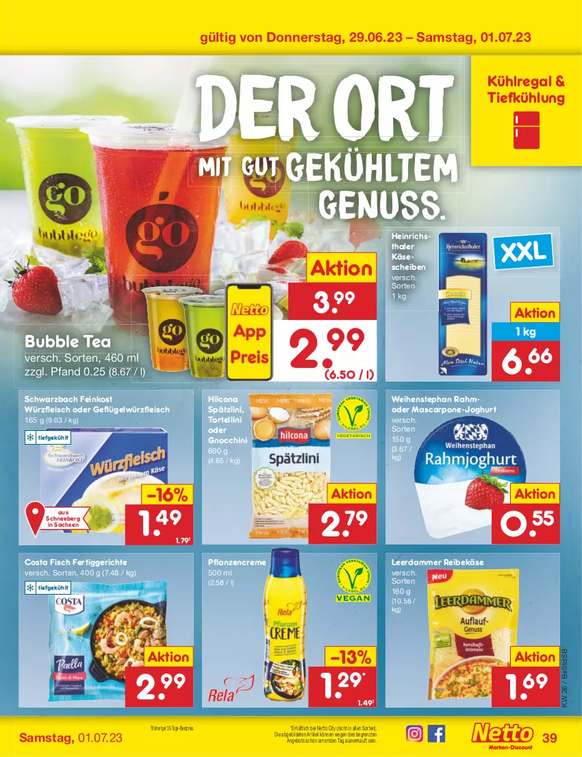 Aktueller Prospekt Netto Marken-Discount - Filial-Angebote - von 26.06 bis 01.07.2023 - strona 39 - produkty: angebot, bestpreis, creme, eis, feinkost, fertiggericht, fertiggerichte, fisch, fleisch, Geflügel, gnocchi, heinrichsthaler, hilcona, joghur, joghurt, Käse, käsescheiben, kühlregal, leerdammer, mascarpone, Mode, nuss, pflanze, pflanzen, pflanzencreme, regal, Reibekäse, reis, sac, Ti, torte, tortellini, weihenstephan, ZTE