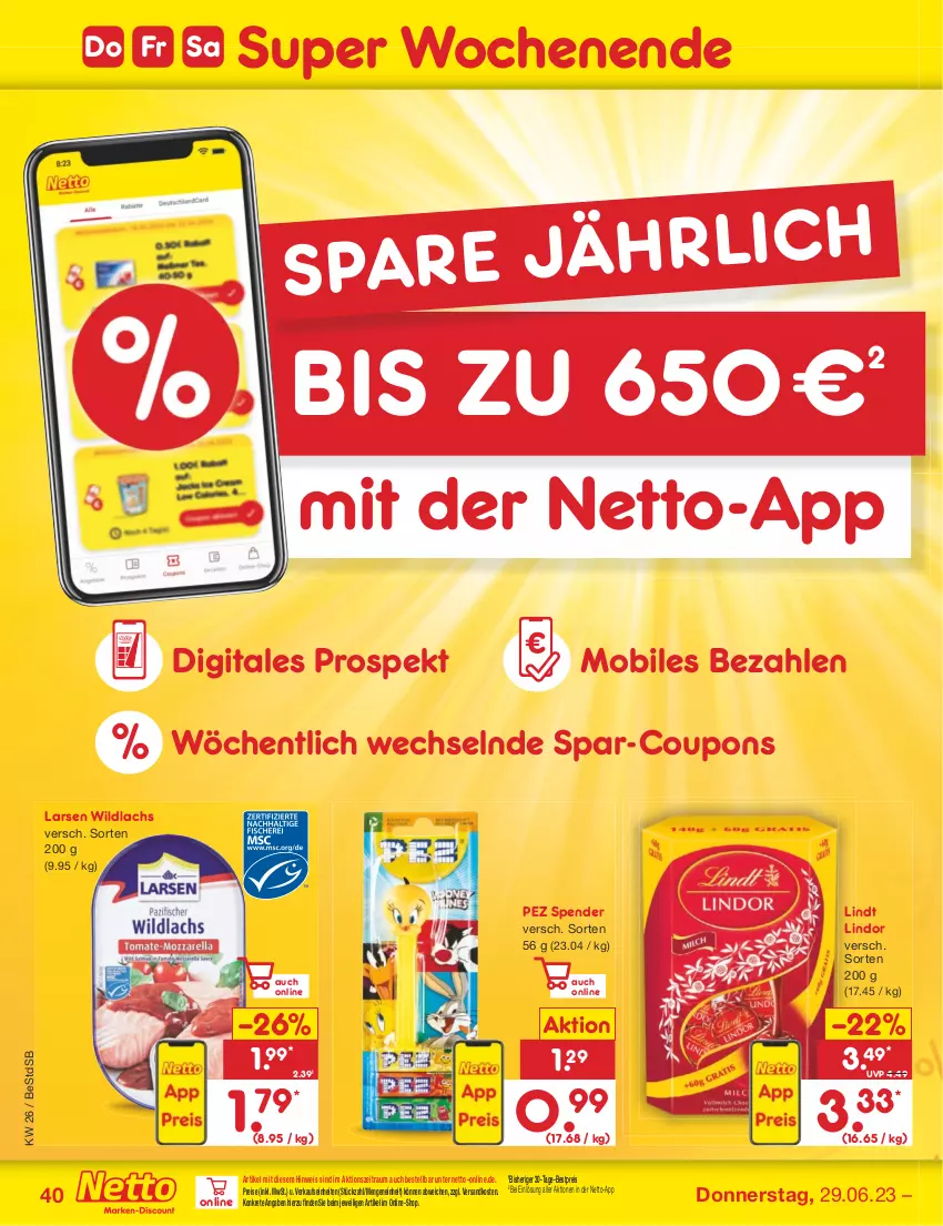 Aktueller Prospekt Netto Marken-Discount - Filial-Angebote - von 26.06 bis 01.07.2023 - strona 40 - produkty: bestpreis, coupon, coupons, eis, lachs, lindor, lindt, ndk, reis, Ti, Wild, wildlachs