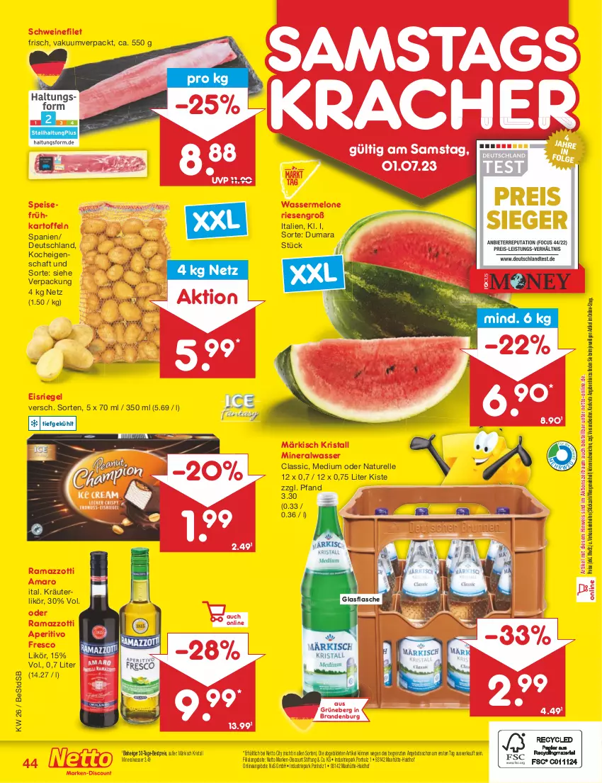 Aktueller Prospekt Netto Marken-Discount - Filial-Angebote - von 26.06 bis 01.07.2023 - strona 44 - produkty: Alwa, amaro, angebot, angebote, bestpreis, discount, eis, Eisriegel, elle, filet, flasche, Frühkartoffeln, glasflasche, Holz, kartoffel, kartoffeln, kracher, kräuter, kräuterlikör, likör, marken-discount, melone, mineralwasser, natur, ndk, rama, ramazzott, ramazzotti, reis, rel, riegel, schwein, schweine, schweinefilet, speisefrühkartoffeln, Ti, wasser, wassermelone, wein, weine, zott, ZTE