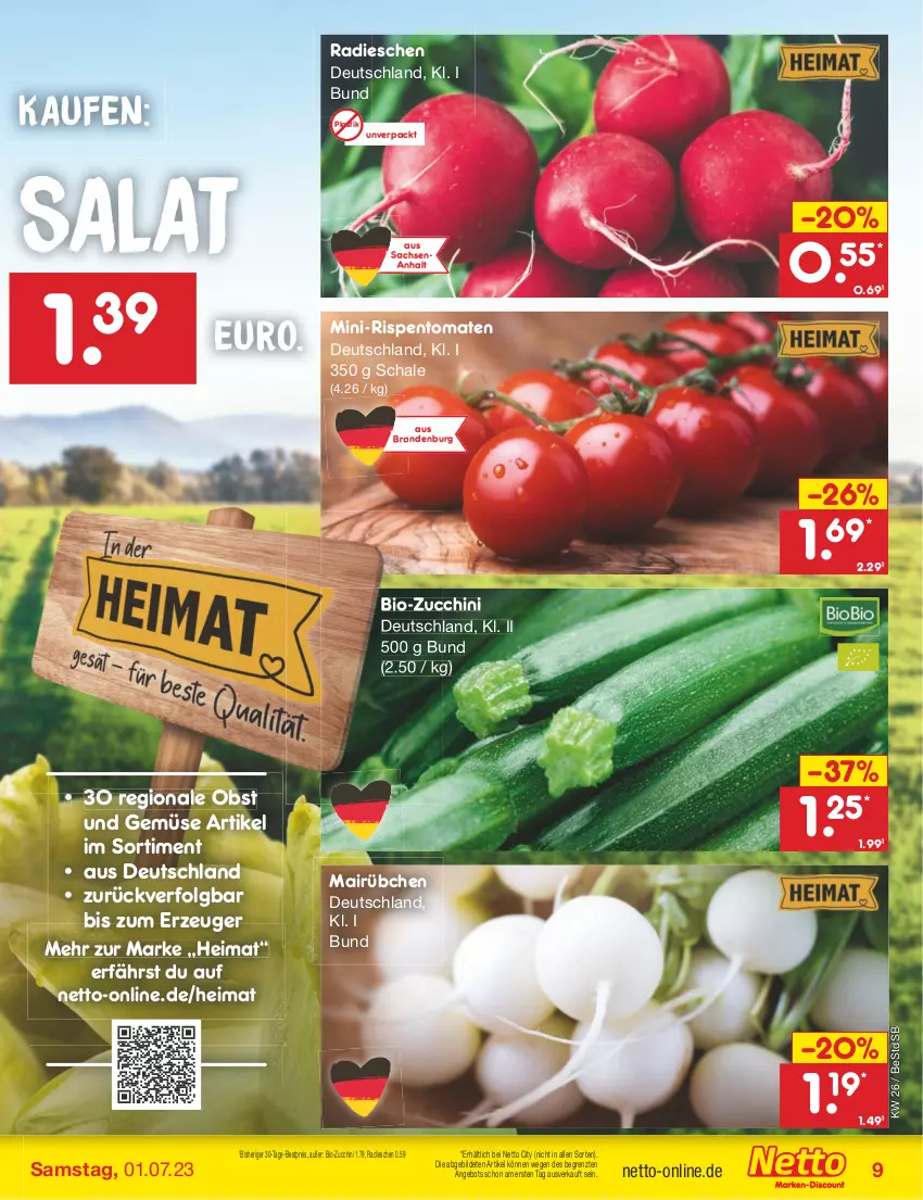 Aktueller Prospekt Netto Marken-Discount - Filial-Angebote - von 26.06 bis 01.07.2023 - strona 9 - produkty: angebot, asti, bestpreis, bio, bio-zucchini, eis, LG, mini-rispentomaten, obst, Obst und Gemüse, radieschen, reis, rispentomaten, sac, salat, Schal, Schale, Ti, tomate, tomaten, und gemüse, ZTE, zucchini