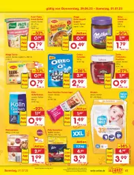 Gazetka promocyjna Netto Marken-Discount - Filial-Angebote - Gazetka - ważna od 01.07 do 01.07.2023 - strona 41 - produkty: angebot, Becher, bestpreis, cerealien, creme, eis, felix, hafer, haferflocken, haselnuss, Haselnusscreme, knorr, knorr pasta, kölln, konfitüre, maggi, milka, nuss, oreo, pasta, pasta snack, reis, riegel, sauce, sensations, snack, suppe, suppen, Ti, walnuss, walnusskerne, windeln, zentis, ZTE