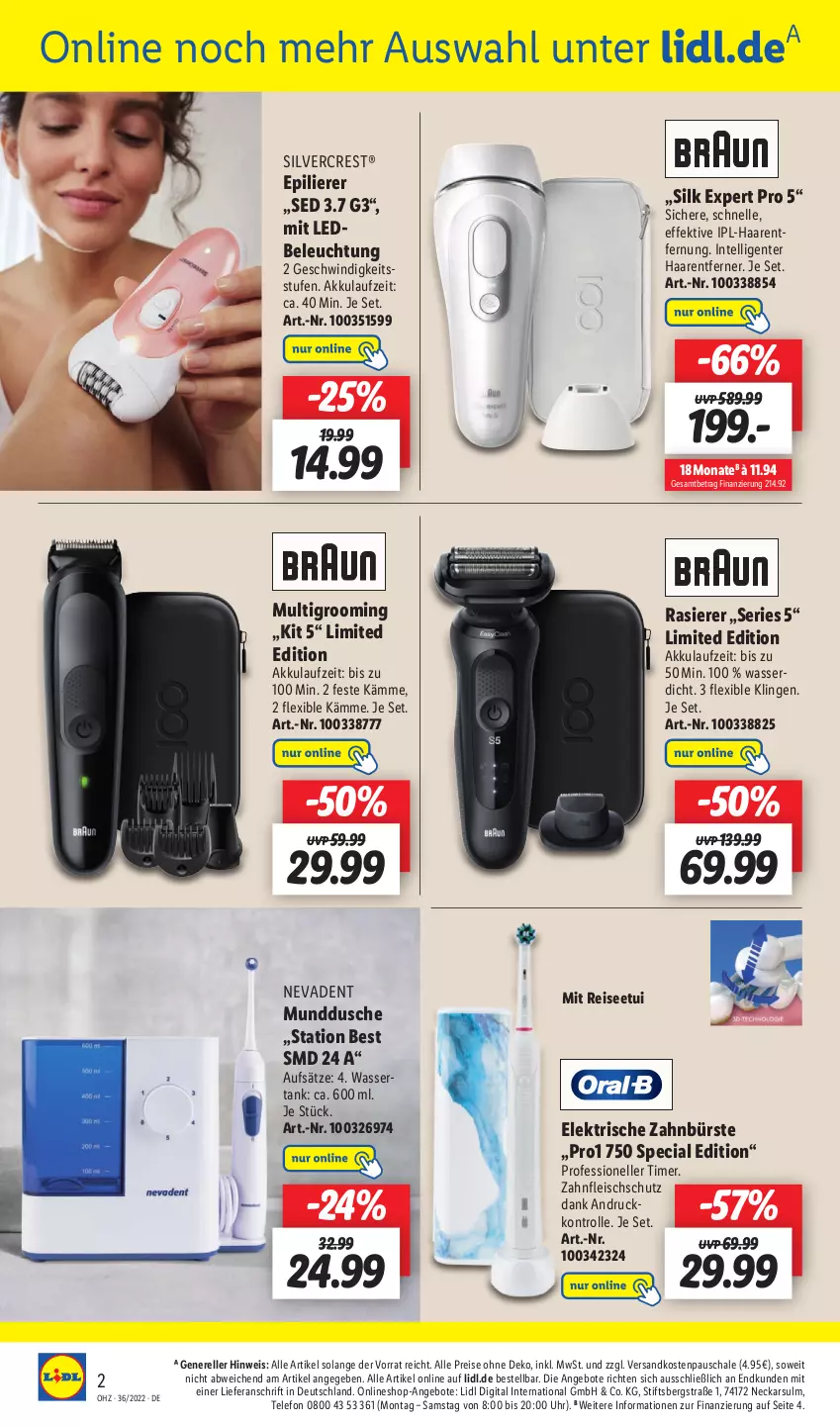 Aktueller Prospekt Lidl - Wochen-Highlights im Onlineshop - von 05.09 bis 11.09.2022 - strona 2 - produkty: akku, angebot, angebote, beleuchtung, bürste, dusche, eis, elektrische zahnbürste, elle, ente, epilierer, fleisch, Haarentfernung, Intel, Multigroom, ndk, rasierer, reis, rel, Schal, Schale, silvercrest, telefon, Ti, timer, uhr, wasser, wassertank, zahnbürste