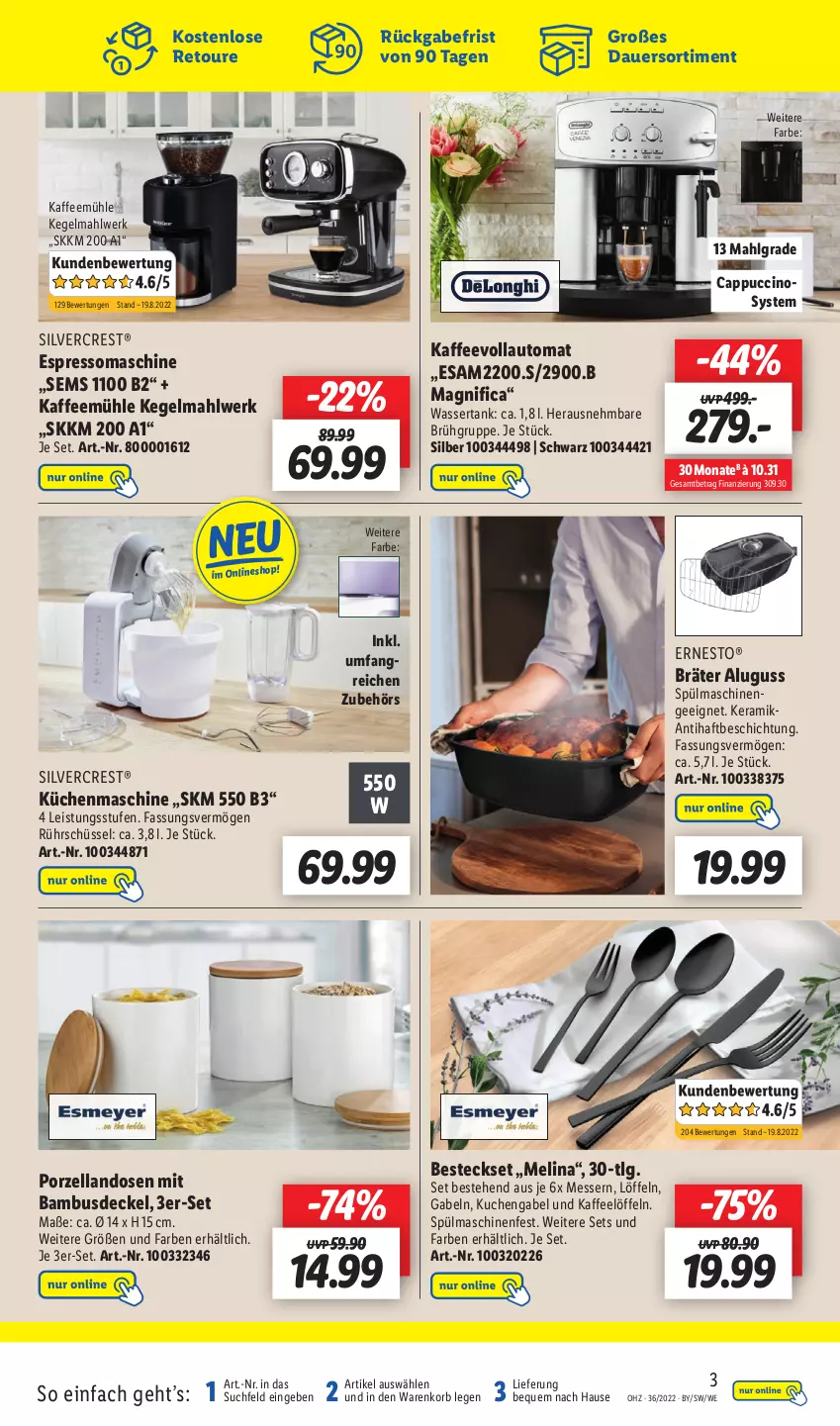 Aktueller Prospekt Lidl - Wochen-Highlights im Onlineshop - von 05.09 bis 11.09.2022 - strona 3 - produkty: auer, auto, bambus, besteck, besteckset, Cap, cappuccino, cin, decke, Deckel, eis, ernesto, espresso, gabel, kaffee, Kaffeemühle, kaffeevollautomat, korb, küche, Küchen, kuchen, küchenmaschine, LG, Löffel, messer, Rührschüssel, schüssel, silvercrest, spülmaschinen, Ti, wasser, wassertank