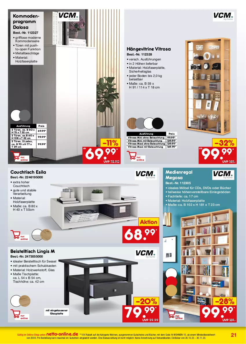 Aktueller Prospekt Netto Marken-Discount - Online-Angebote November - von 01.11 bis 30.11.2023 - strona 21 - produkty: beistelltisch, beleuchtung, Couch, couchtisch, dvd, eis, erde, glasplatte, gutschein, gutscheine, Holz, HP, kommode, Kommodenserie, latte, möbel, Mode, ndk, regal, reis, Ria, schubkasten, sessel, Ti, tisch, tischplatte, vitrine