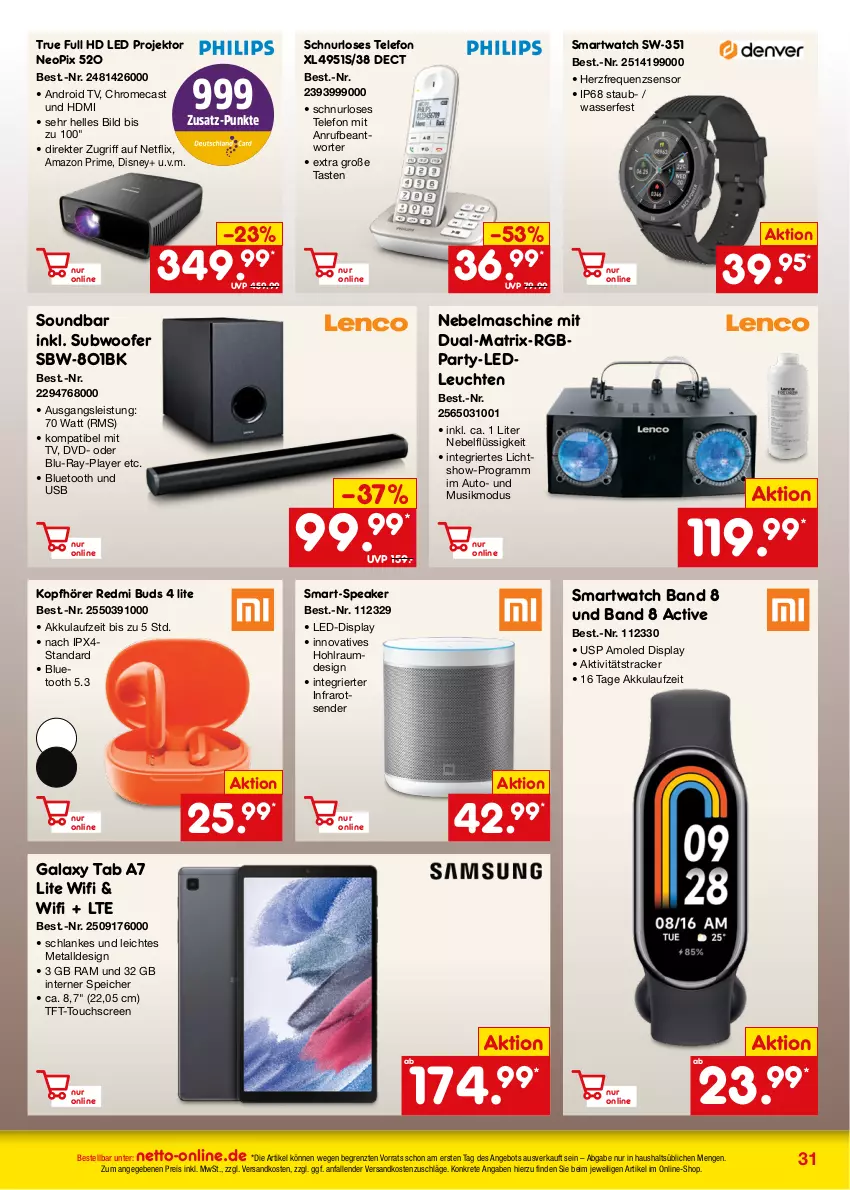 Aktueller Prospekt Netto Marken-Discount - Online-Angebote November - von 01.11 bis 30.11.2023 - strona 31 - produkty: akku, Android TV, angebot, Atrix, auto, blu-ray, disney, dvd, eis, elle, HDMI, kopfhörer, Leuchte, leuchten, ndk, netflix, Projektor, reis, Schnurloses Telefon, smartwatch, soundbar, Subwoofer, telefon, Ti, touchscreen, usb, wasser, ZTE