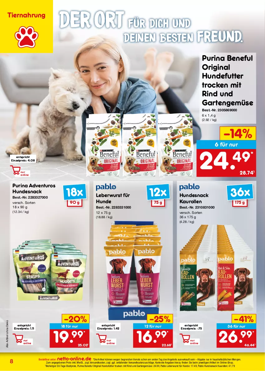 Aktueller Prospekt Netto Marken-Discount - Online-Angebote November - von 01.11 bis 30.11.2023 - strona 8 - produkty: adventuros, angebot, bestpreis, eis, Garten, gin, hundesnack, leberwurst, ndk, purina, reis, rind, snack, Ti, tiernahrung, wurst, ZTE