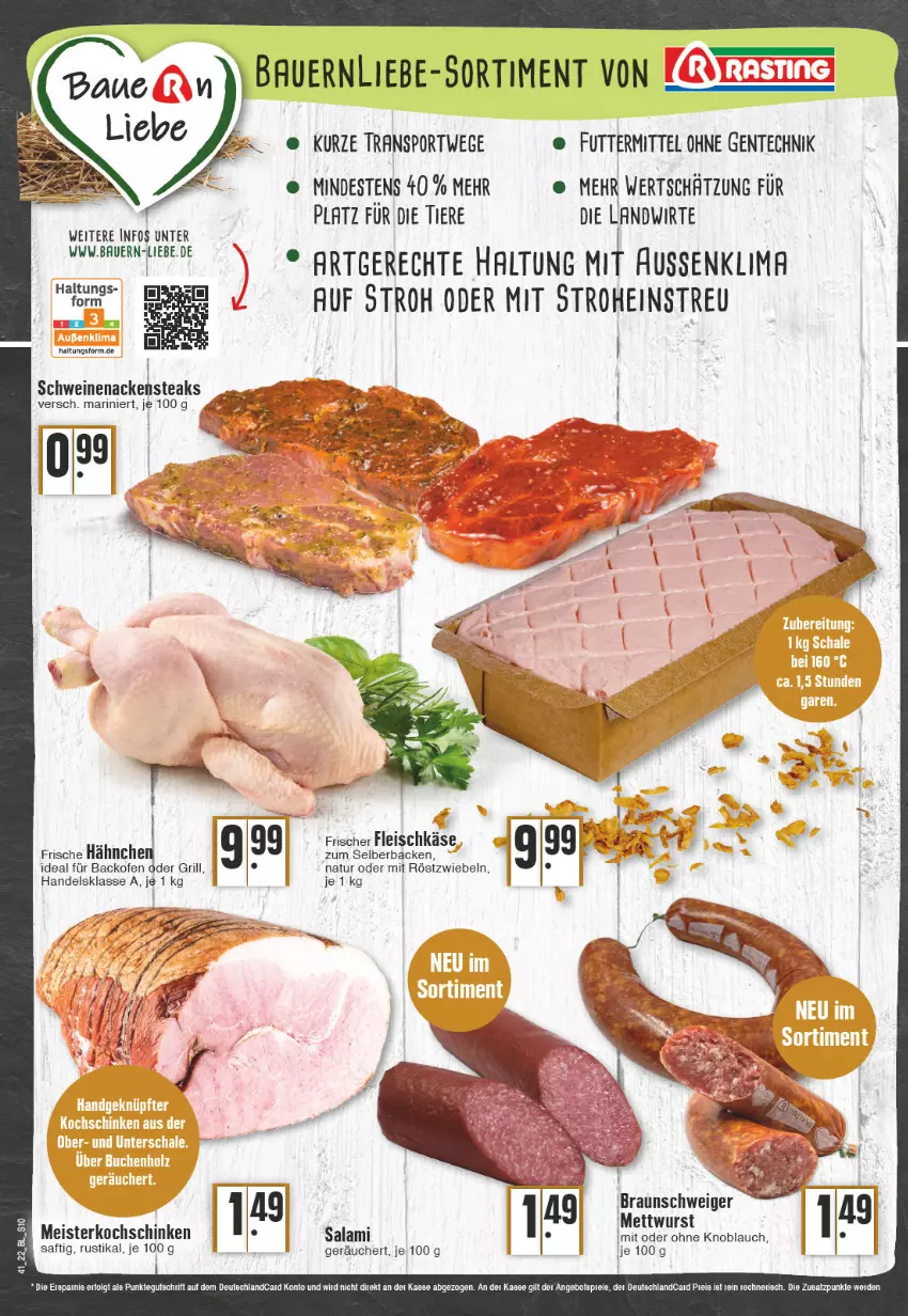 Aktueller Prospekt Edeka - Angebote der Woche - von 10.10 bis 15.10.2022 - strona 10 - produkty: angebot, angebote, auer, backofen, Bau, Bauer, braun, eis, ente, erde, fleisch, fleischkäse, grill, Käse, knoblauch, kochschinken, LG, Meister, Mett, mettwurst, mit oder ohne knoblauch, mit röstzwiebeln, Nackensteak, nackensteaks, natur, Ofen, röstzwiebeln, saft, salami, schinken, schwein, schweine, schweinenacken, Sport, steak, steaks, Ti, Tiere, wein, weine, wurst, zwiebel, zwiebeln