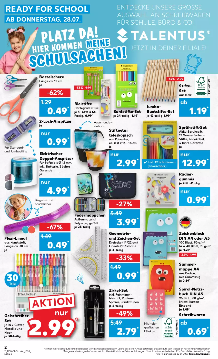 Aktueller Prospekt Kaufland - von 28.07 bis 10.08.2022 - strona 2 - produkty: akku, angebot, angebote, batterie, Bleistift, bleistifte, buch, buntstifte, decke, deka, din a4, eis, Federmäppchen, fisch, fische, Holz, jumbo, ladekabel, Radiergummi, Ria, Schere, schreibwaren, stifte, tee, Teleskop, Ti, wasser, zeichenblock, ZTE