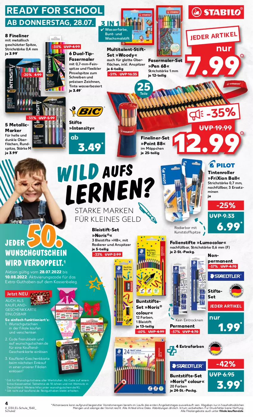 Aktueller Prospekt Kaufland - von 28.07 bis 10.08.2022 - strona 4 - produkty: angebot, angebote, ball, Bleistift, bleistifte, buntstifte, eis, elle, fasermaler, Fineliner, gutschein, gutscheine, latte, leine, Pinsel, Roller, stifte, Ti, wasser, ZTE