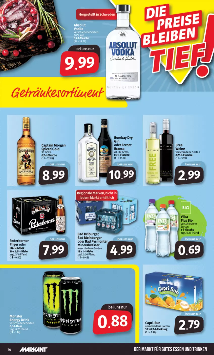 Aktueller Prospekt Markant - Prospekte - von 27.06 bis 02.07.2022 - strona 14 - produkty: Absolut Vodka, Alwa, Bad, Berger, bio, bree, burger, Cap, capri-sun, captain morgan, dry gin, Fernet, flasche, gin, LG, mineralwasser, monte, radler, vilsa, vodka, wasser, wein, weine