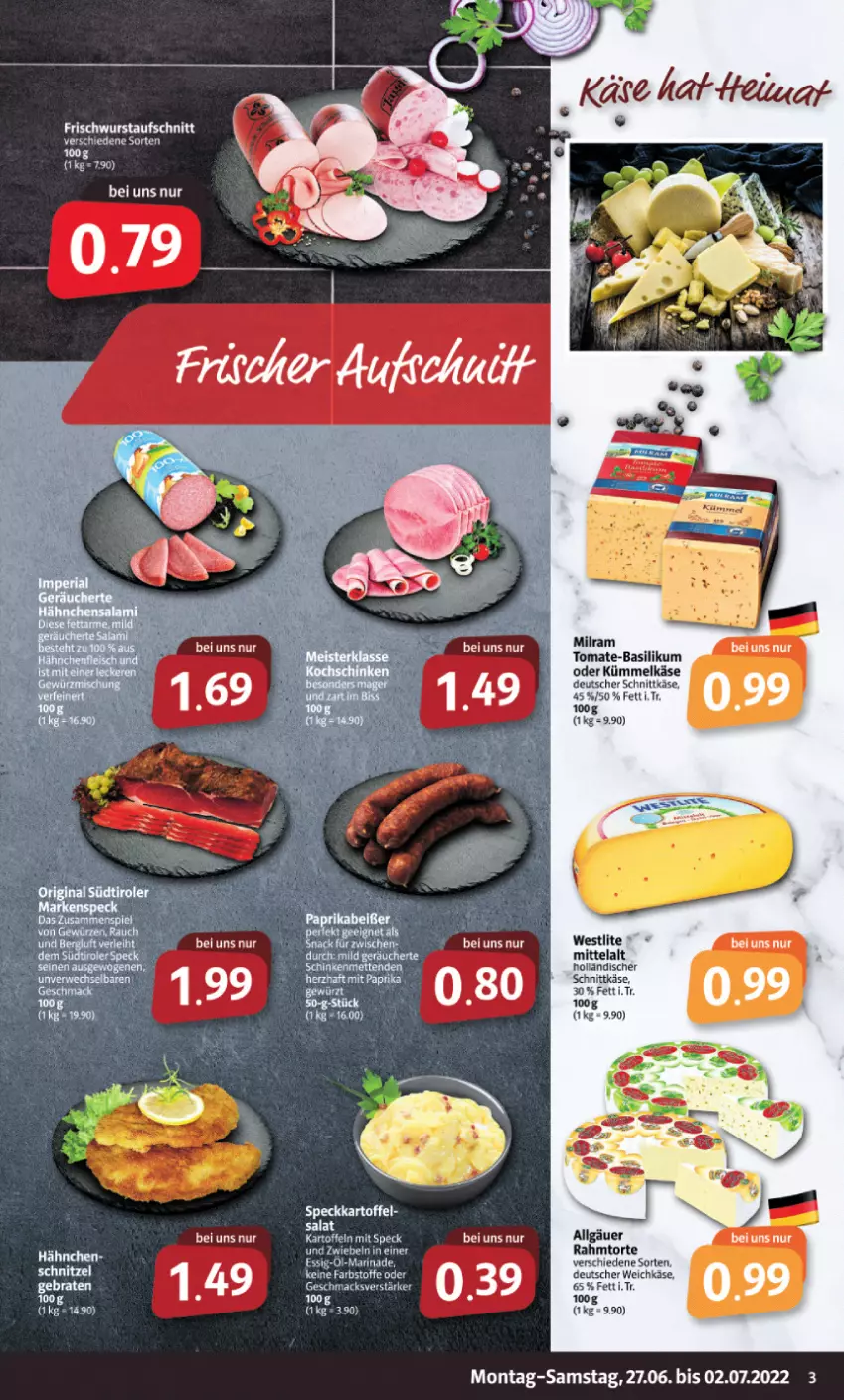 Aktueller Prospekt Markant - Prospekte - von 27.06 bis 02.07.2022 - strona 3 - produkty: basilikum, braten, deutscher schnittkäse, deutscher weichkäse, essig, holländischer schnittkäse, kartoffel, kartoffeln, Käse, LG, mac, marinade, milram, salat, schnittkäse, Speck, tomate, tomate-basilikum, torte, weichkäse