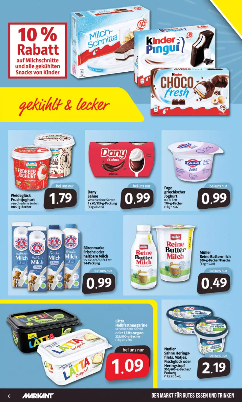 Aktueller Prospekt Markant - Prospekte - von 27.06 bis 02.07.2022 - strona 6 - produkty: bärenmarke, Becher, butter, buttermilch, Dany, filet, filets, fisch, flasche, frucht, fruchtjoghurt, gutes essen, haltbare milch, hering, Herings, joghur, joghurt, Kinder, matjes, milch, Milchschnitte, Müller, nadler, reine buttermilch, ring, sahne, snack, snacks, topf