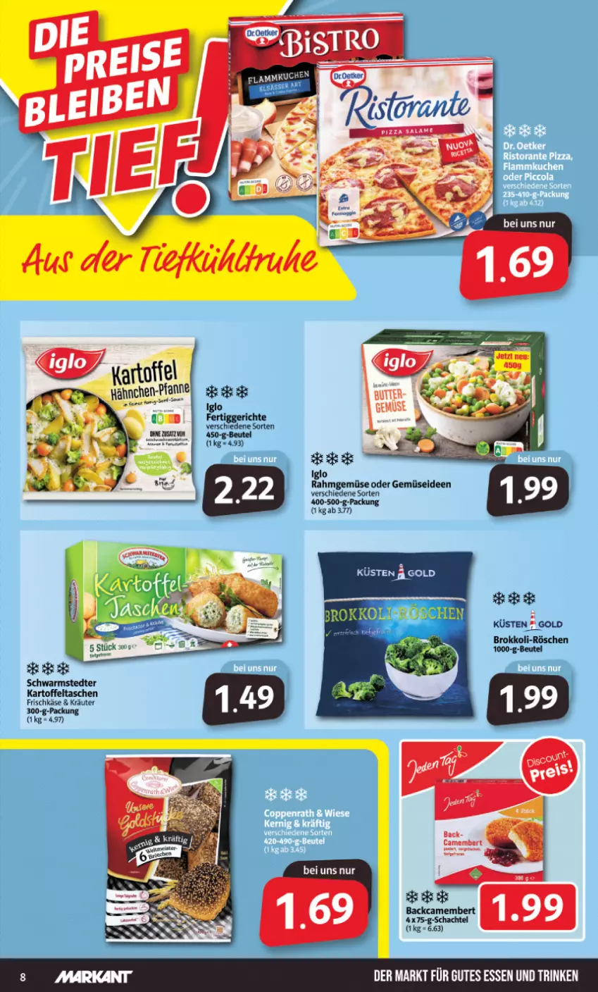 Aktueller Prospekt Markant - Prospekte - von 27.06 bis 02.07.2022 - strona 8 - produkty: beutel, brokkoli, camembert, fertiggericht, fertiggerichte, frischkäse, iglo, kartoffel, Kartoffeltaschen, Käse, kräuter, pfanne, Rahmgemüse, schwarmstedter, Tasche, taschen, Ti