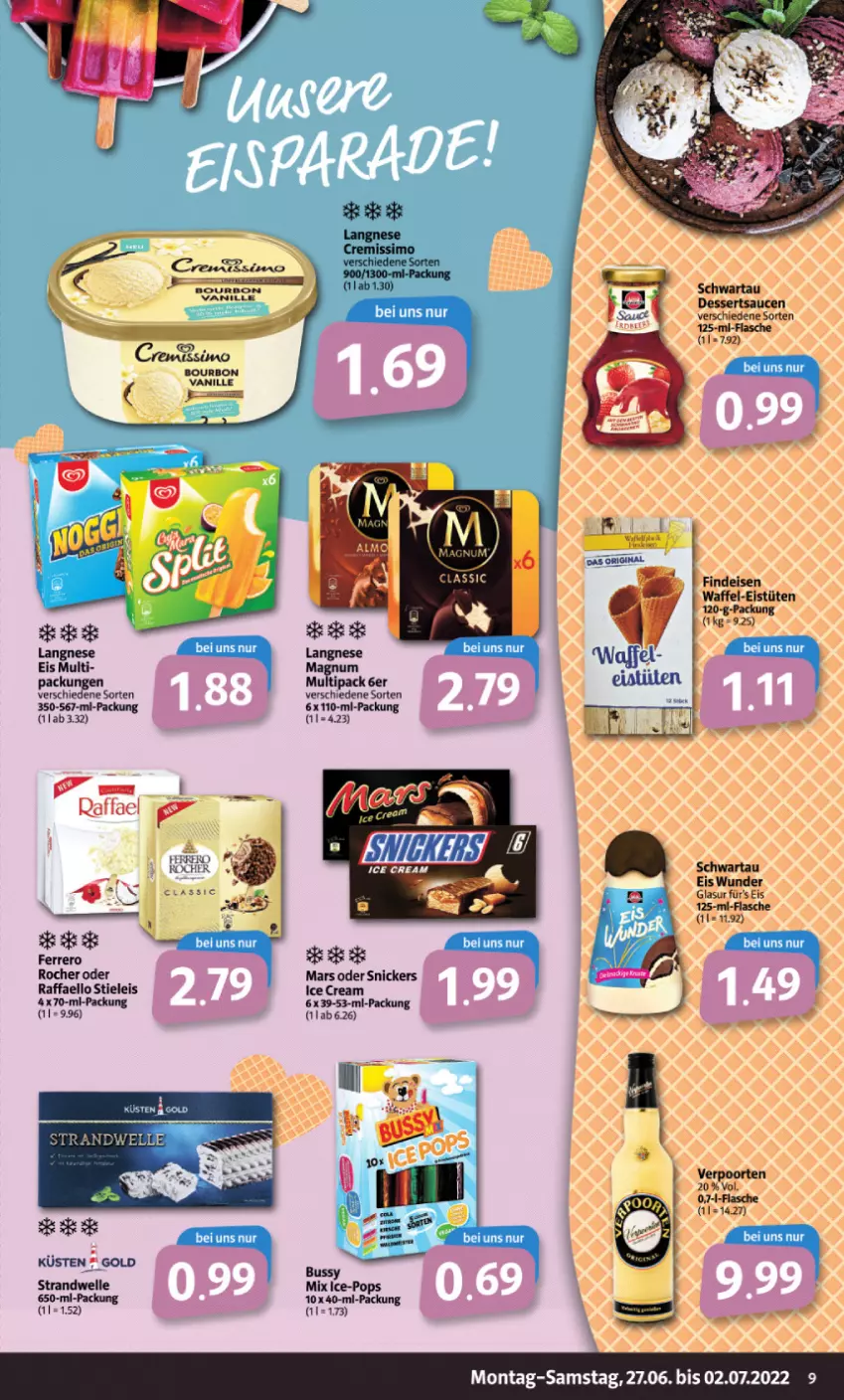 Aktueller Prospekt Markant - Prospekte - von 27.06 bis 02.07.2022 - strona 9 - produkty: boss, bourbon, dessert, desserts, dessertsauce, eis, elle, ferrero, Ferrero Rocher, flasche, mars, raffaello, sauce, saucen, Schwartau, sim, snickers, stieleis, Ti, vanille