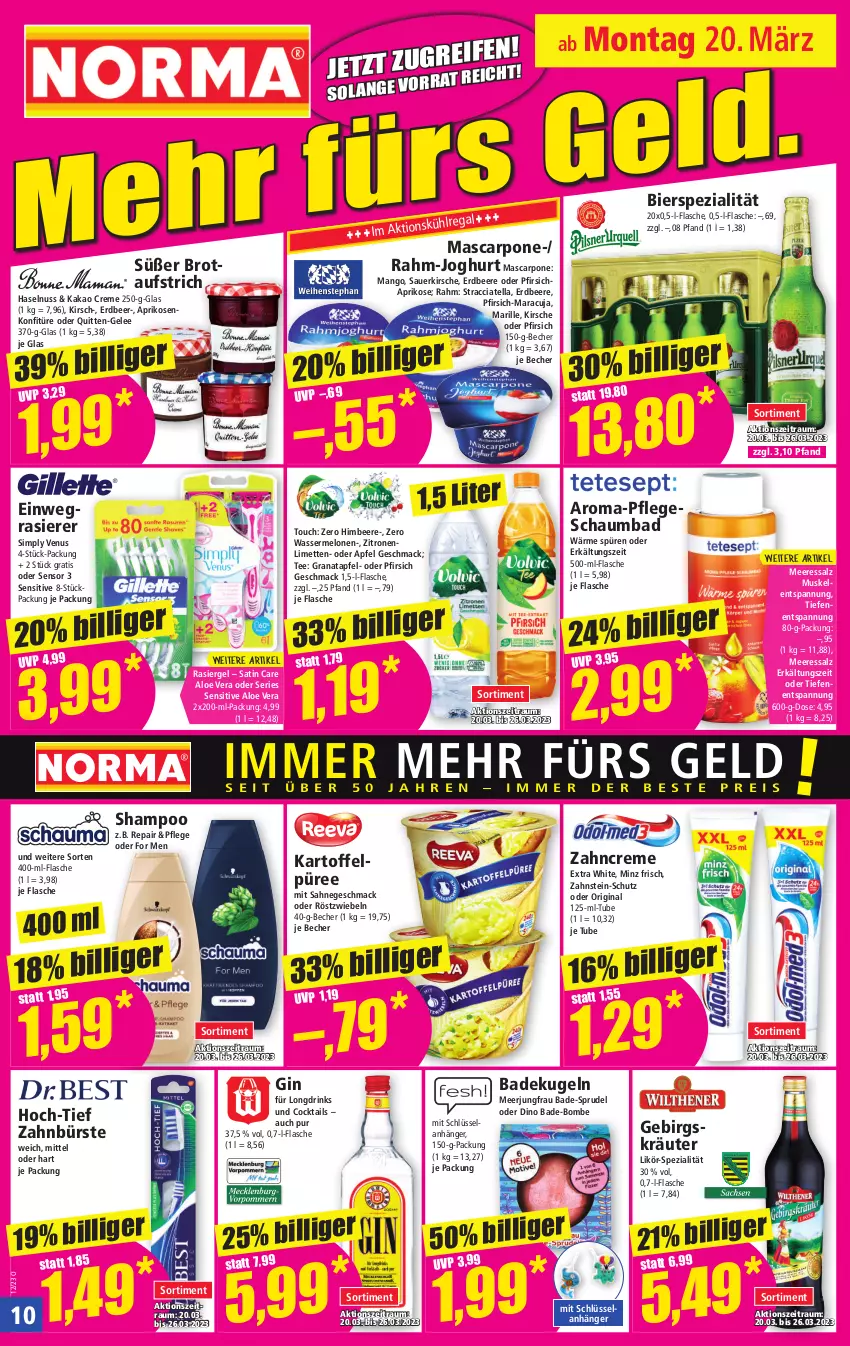 Aktueller Prospekt Norma - Norma - von 20.03 bis 27.03.2023 - strona 10 - produkty: ACC, aloe vera, Anhänger, apfel, aprikose, aprikosen, auer, aufstrich, Bad, Becher, beere, bier, brot, brotaufstrich, bürste, cocktail, cocktails, creme, drink, drinks, einwegrasierer, Elan, erdbeere, Erkältungs, flasche, gelee, gin, grana, granatapfel, haselnuss, himbeer, himbeere, joghur, joghurt, Jungfrau, kakao, kartoffel, Kartoffelpüree, kirsch, kirsche, konfitüre, kräuter, Kugel, likör, limette, limetten, mac, mango, maracuja, mascarpone, melone, melonen, Mett, metten, nuss, pfirsich, püree, Rana, rasierer, rasiergel, röstzwiebeln, sahne, salz, schaumbad, shampoo, sim, Spezi, Sprudel, tee, Ti, venus, wasser, wassermelone, wassermelonen, zahnbürste, zahncreme, zitrone, zitronen, zwiebel, zwiebeln