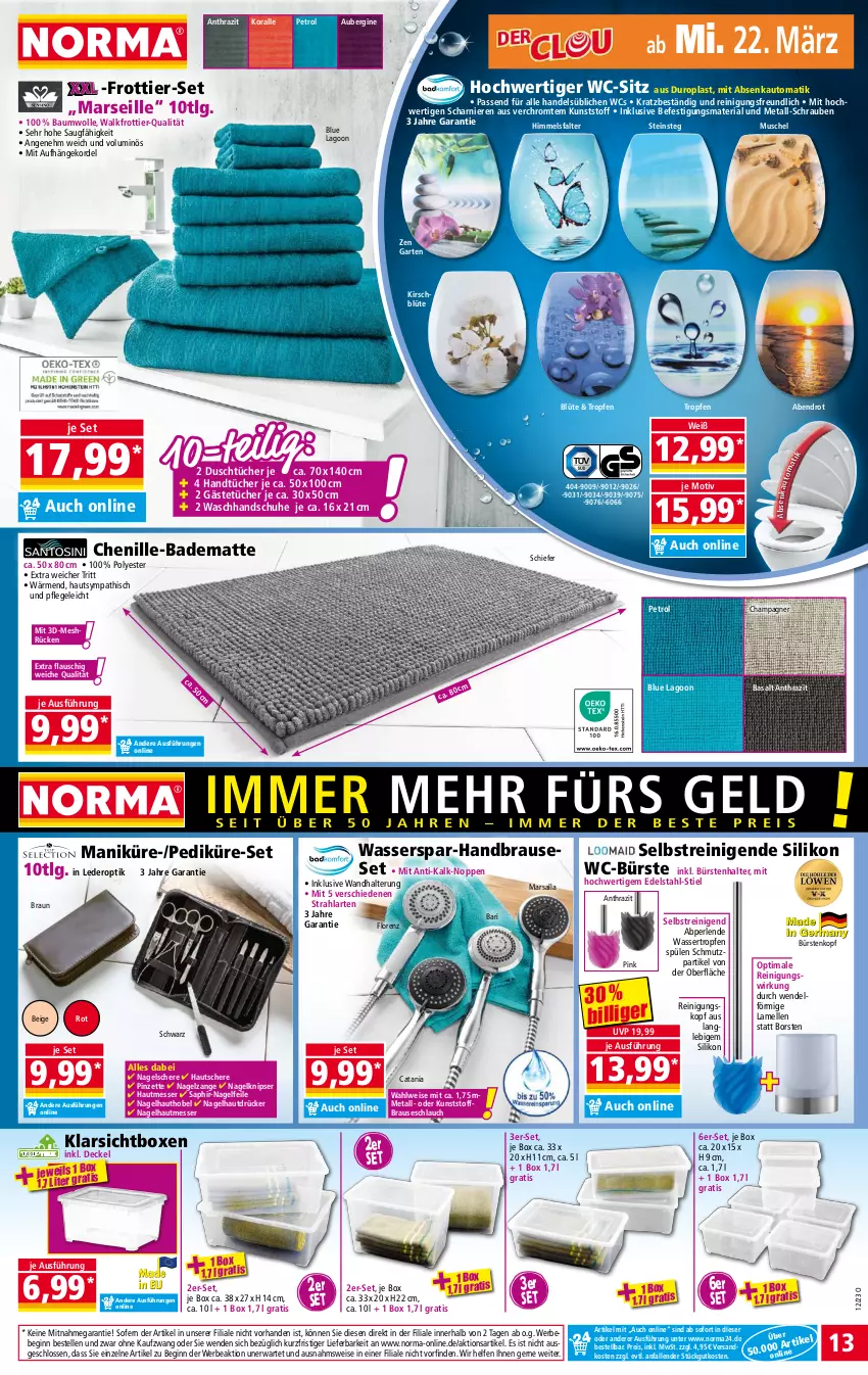 Aktueller Prospekt Norma - Norma - von 20.03 bis 27.03.2023 - strona 13 - produkty: aubergine, auto, Bad, badematte, Bau, baumwolle, Bebe, Blüte, braun, brause, brauseschlauch, bürste, bürsten, champagne, champagner, decke, Deckel, edelstahl, eis, elle, Frottier-Set, Garten, Gästetücher, gin, gsw, handbrause, handschuhe, handtücher, kirsch, Klarsichtbox, LG, lorenz, mars, messer, Nagelfeile, Nagelzange, ndk, passend für alle, perlen, Pinzette, Reinigung, reis, Ria, Schere, schlauch, schrauben, schuhe, Spülen, Ti, tücher, wandhalterung, waschhandschuh, wasser, WC-Bürste, wc-sitz, wolle