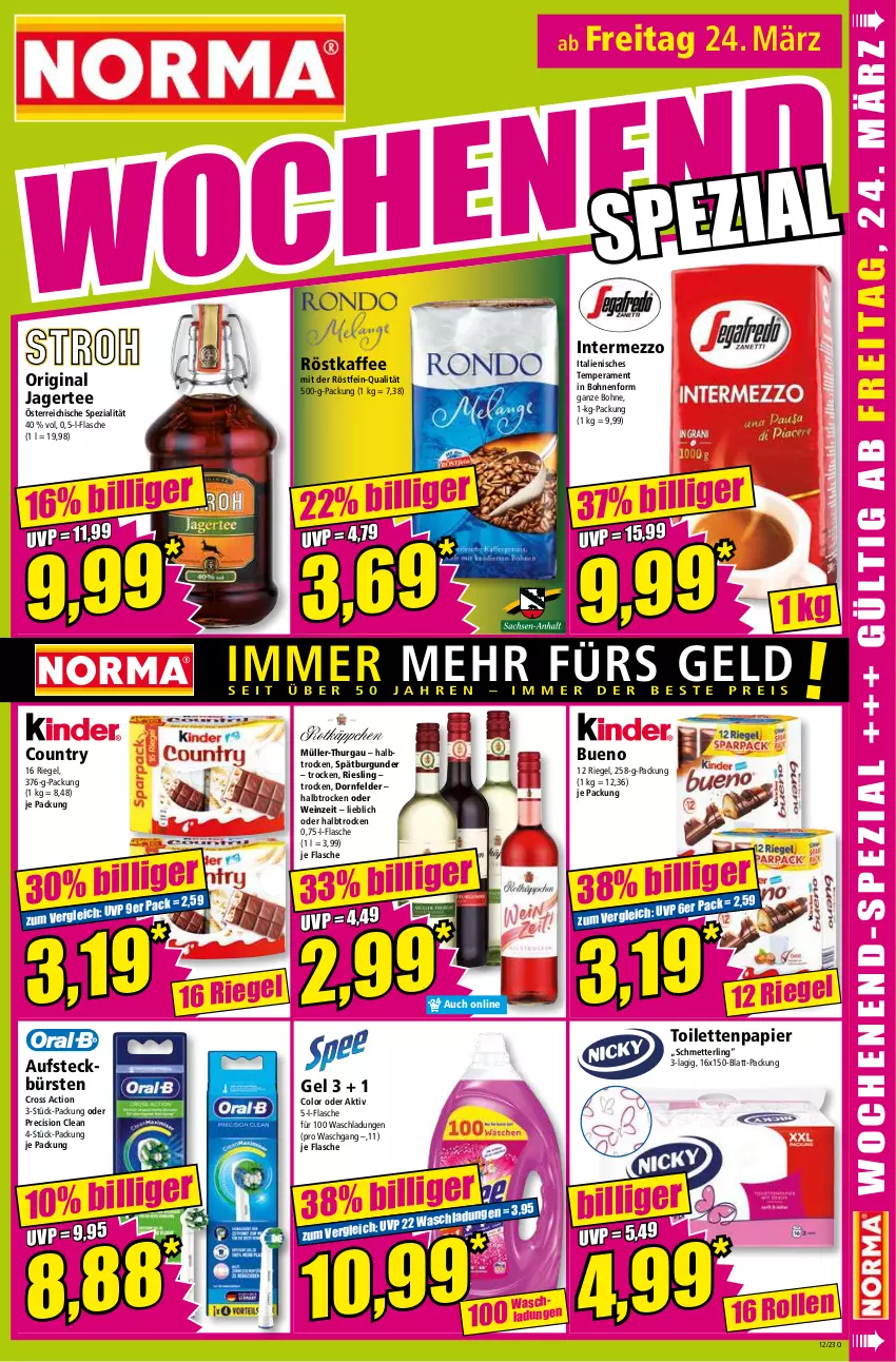 Aktueller Prospekt Norma - Norma - von 20.03 bis 27.03.2023 - strona 15 - produkty: aufsteckbürsten, bohne, bohnen, burgunder, bürste, bürsten, cross action, dornfelder, flasche, gin, intermezzo, Jagertee, kaffee, Mett, Müller, Müller-Thurgau, papier, precision clean, riegel, riesling, röstkaffee, Schmetterling, spätburgunder, Spezi, tee, Ti, toilettenpapier, wein