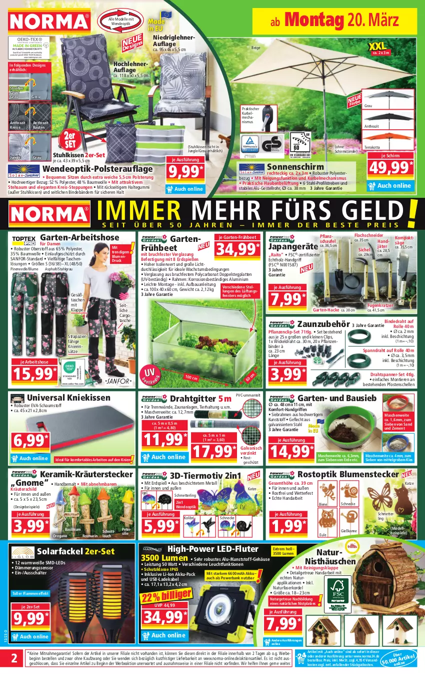 Aktueller Prospekt Norma - Norma - von 20.03 bis 27.03.2023 - strona 2 - produkty: akku, Bank, basilikum, Bau, baumwolle, blume, blumen, Bona, deka, dell, deo, Draht, eis, elle, erde, fenster, Garten, Gießkanne, gin, Holz, hose, kissen, Kniekissen, kräuter, lachs, ladekabel, lamm, latte, LED-Fluter, leds, leine, LG, Mantel, Mett, Mode, natur, natura, ndk, petersilie, pflanze, pflanzen, powerbank, reifen, Reinigung, reis, rosmarin, rwe, säge, Schal, schirmständer, Schmetterling, schnittlauch, Solarfackel, sonnenschirm, Spiele, stuhl, stuhlkissen, Tasche, taschen, Ti, Tiere, tisch, usb, WICK, wolle, Zement