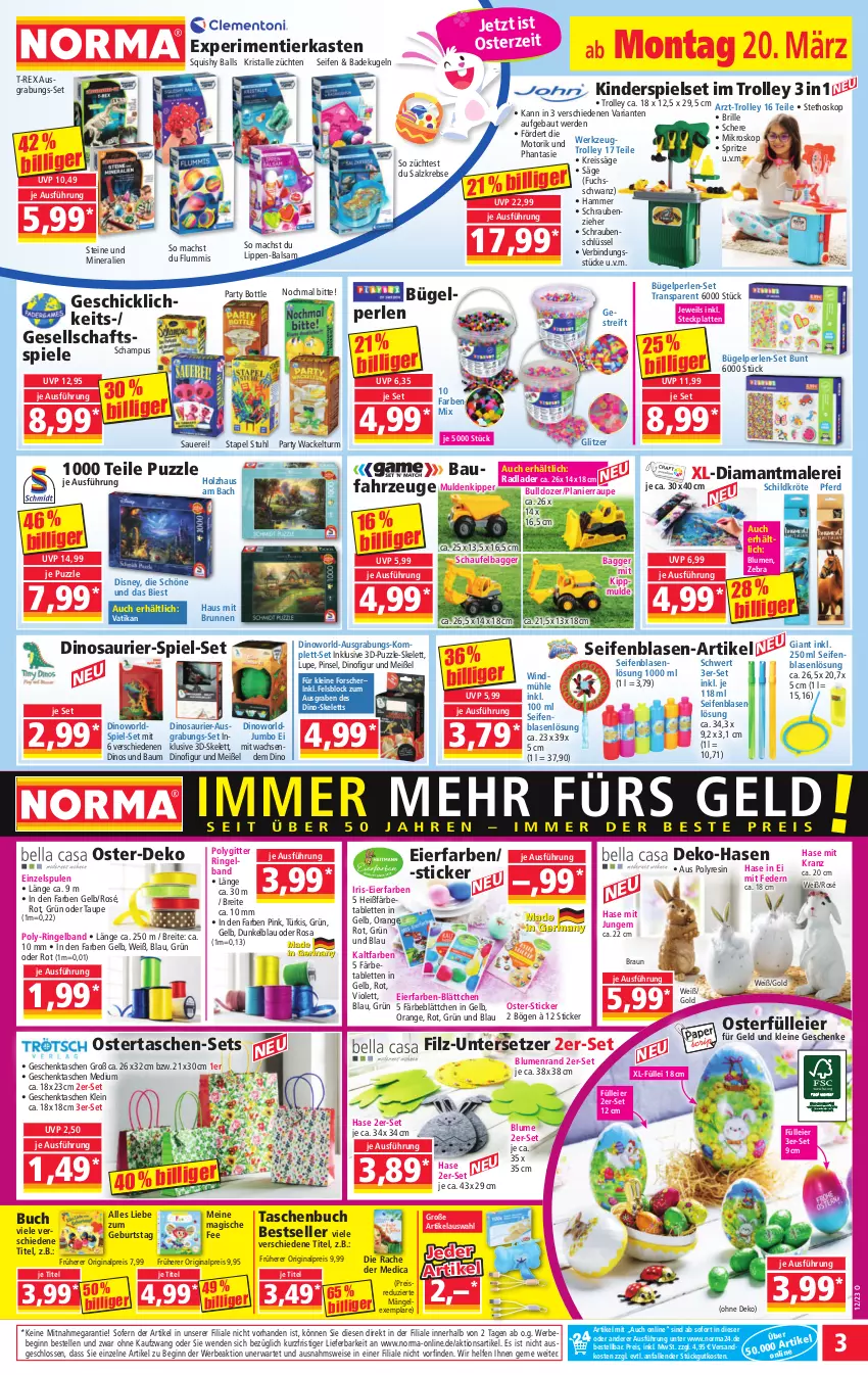 Aktueller Prospekt Norma - Norma - von 20.03 bis 27.03.2023 - strona 3 - produkty: auer, Bad, ball, balsam, Bau, Bebe, blume, blumen, braun, Brei, Brille, brunnen, buch, bügel, disney, eier, eis, elle, erde, Geschenktasche, gin, Holz, jumbo, Kinder, Kinderspiel, Kranz, Krebs, Kugel, latte, leine, mac, ndk, orange, perlen, Pinsel, Puzzle, reis, reiss, Ria, ring, säge, salz, Schere, schrauben, Seife, Spiele, stuhl, tablet, tablett, Tablette, Tasche, taschen, Taschenbuch, Ti, trolley, Untersetzer, werkzeug